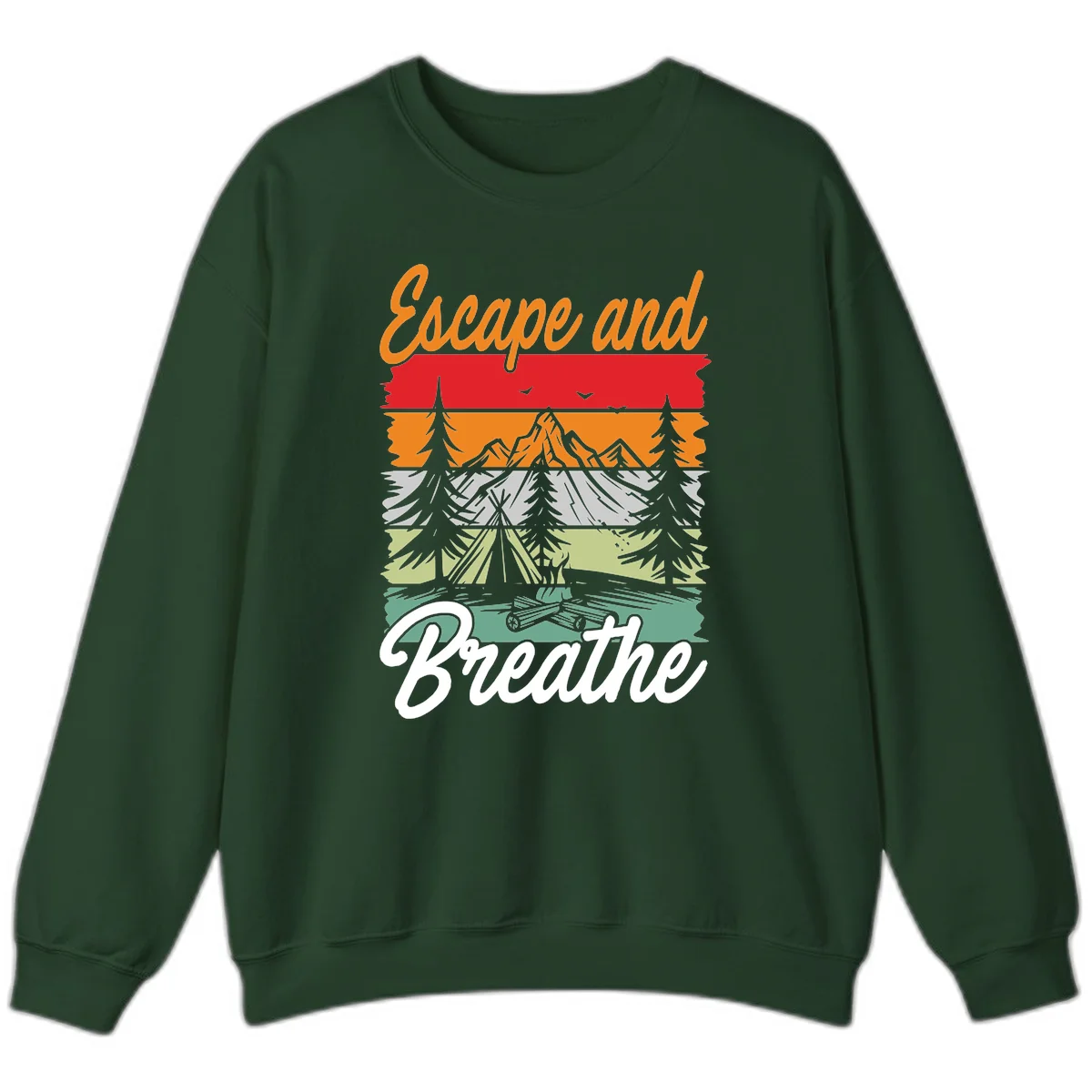 Escape and breathe camping design with layered wilderness landscape featuring mountains, forests, and timber silhouettes in horizontal color bands. in Forest Green