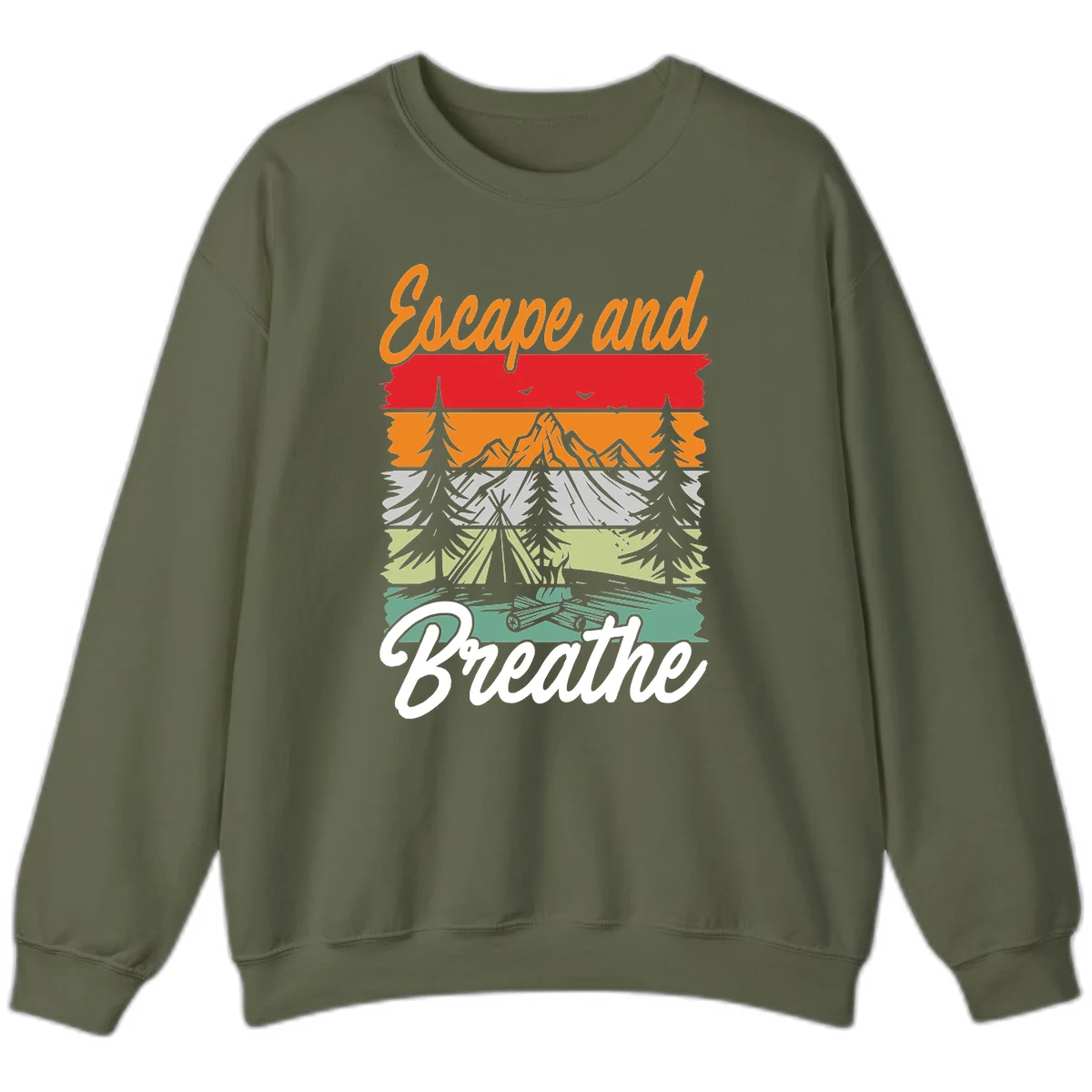 Escape and breathe camping design with layered wilderness landscape featuring mountains, forests, and timber silhouettes in horizontal color bands. in Military Green