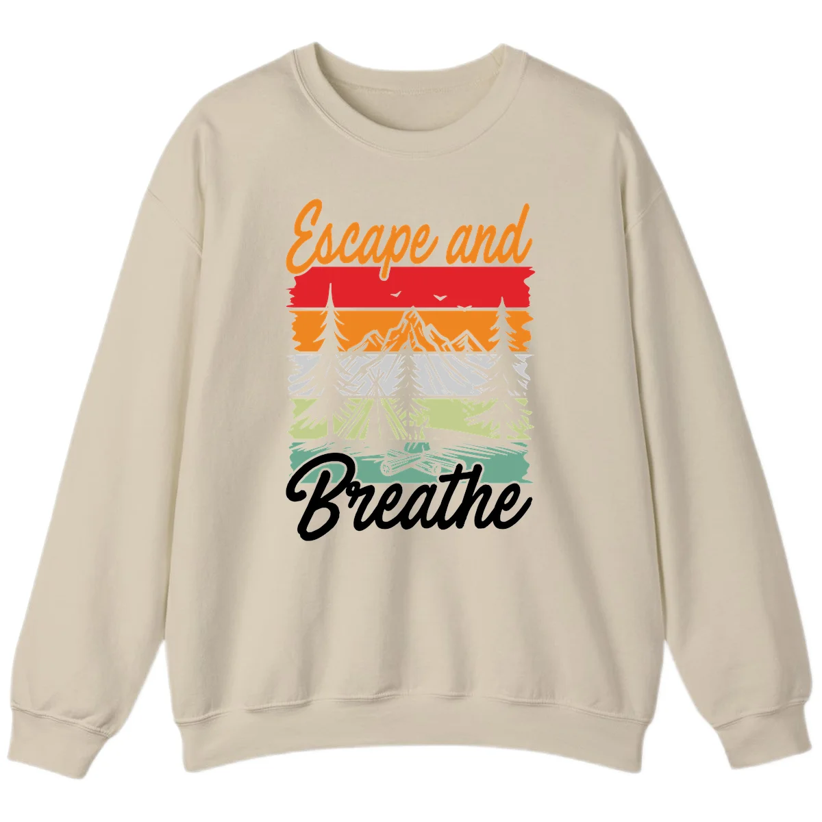 Escape and breathe camping design with layered wilderness landscape featuring mountains, forests, and timber silhouettes in horizontal color bands. in Sand
