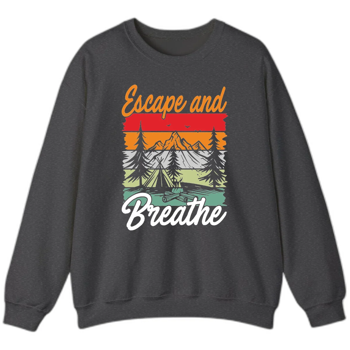 Escape and breathe camping design with layered wilderness landscape featuring mountains, forests, and timber silhouettes in horizontal color bands. in Dark Heather