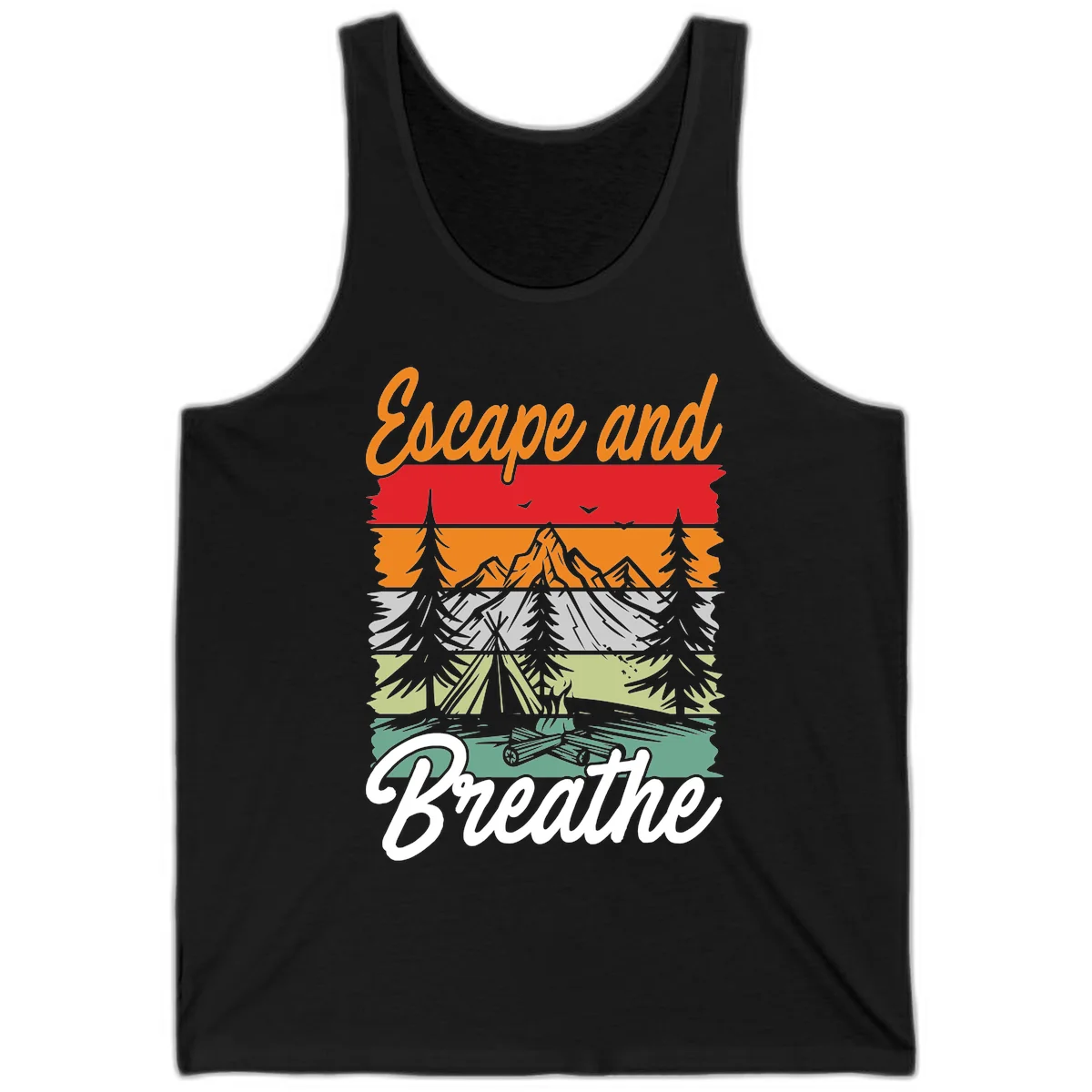 Escape and breathe camping design with layered wilderness landscape featuring mountains, forests, and timber silhouettes in horizontal color bands. in Black