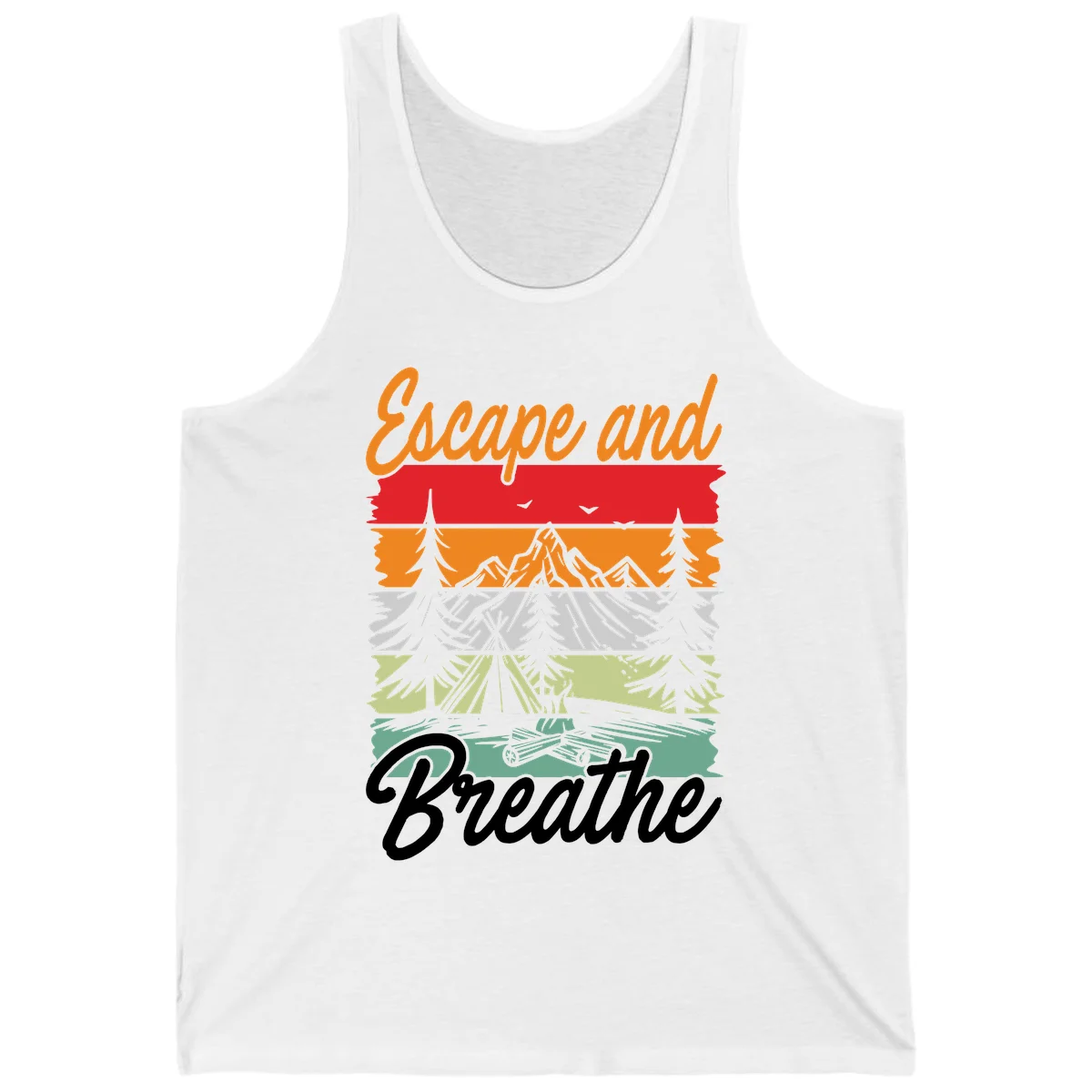 Escape and breathe camping design with layered wilderness landscape featuring mountains, forests, and timber silhouettes in horizontal color bands. in White