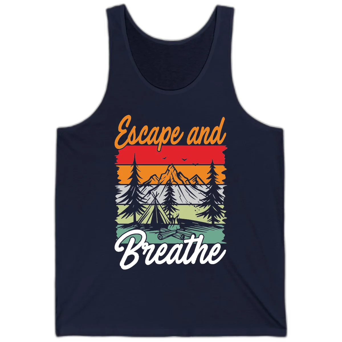 Escape and breathe camping design with layered wilderness landscape featuring mountains, forests, and timber silhouettes in horizontal color bands. in Navy