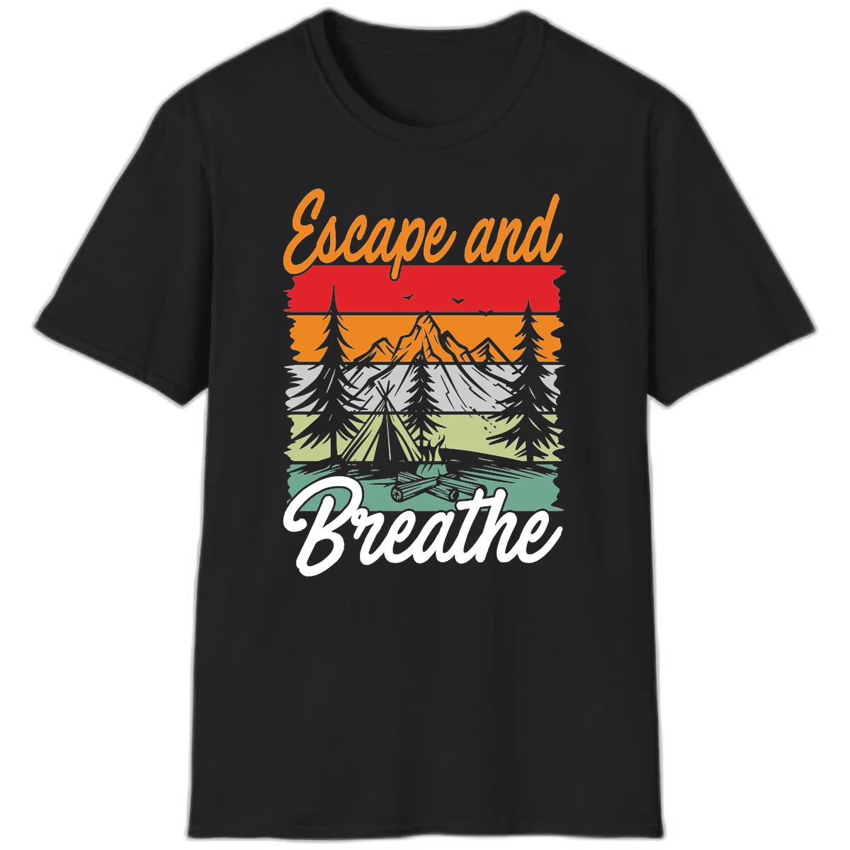 Escape and breathe camping design with layered wilderness landscape featuring mountains, forests, and timber silhouettes in horizontal color bands. in Black