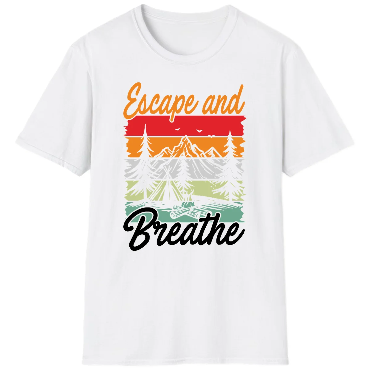 Escape and breathe camping design with layered wilderness landscape featuring mountains, forests, and timber silhouettes in horizontal color bands. in White
