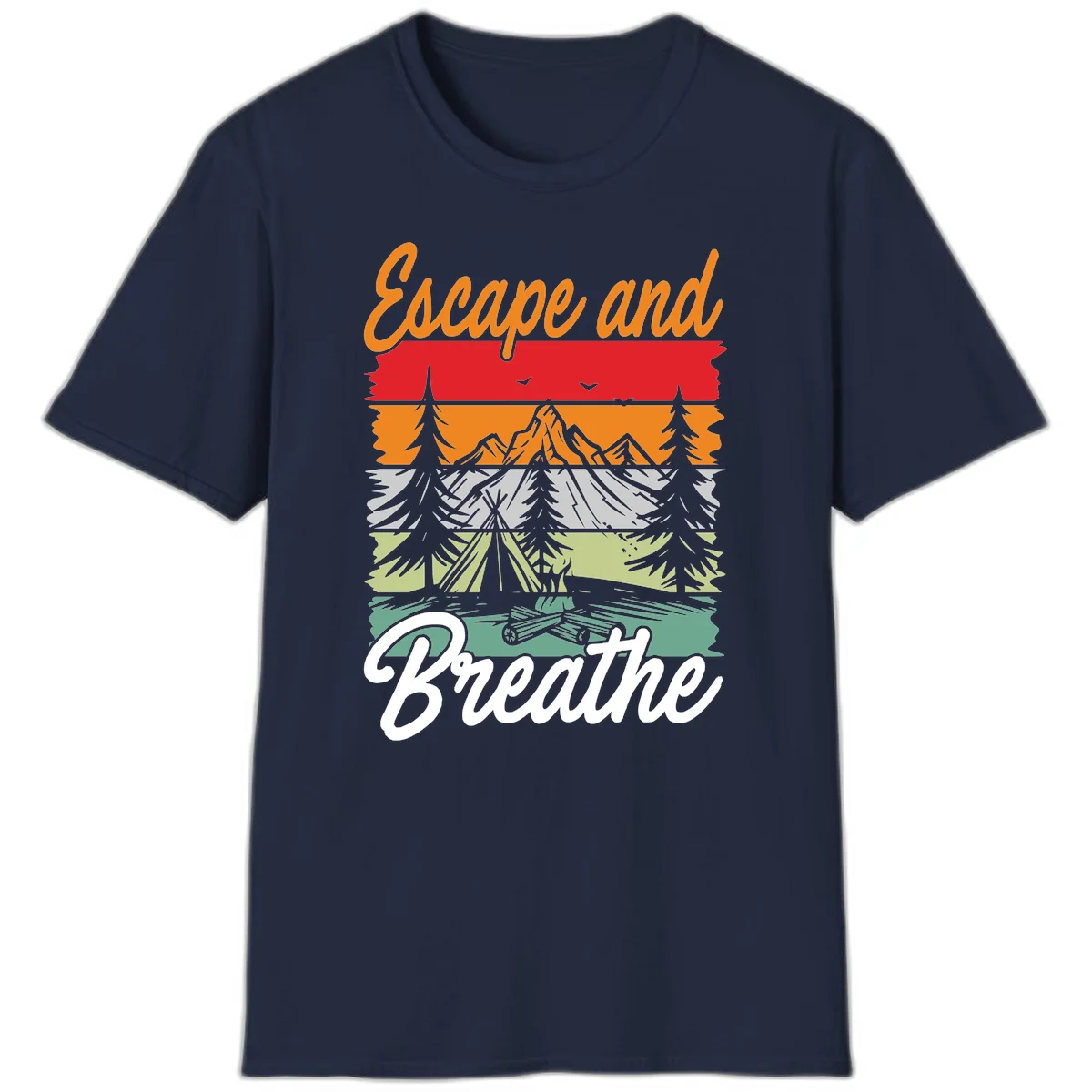 Escape and breathe camping design with layered wilderness landscape featuring mountains, forests, and timber silhouettes in horizontal color bands. in Navy