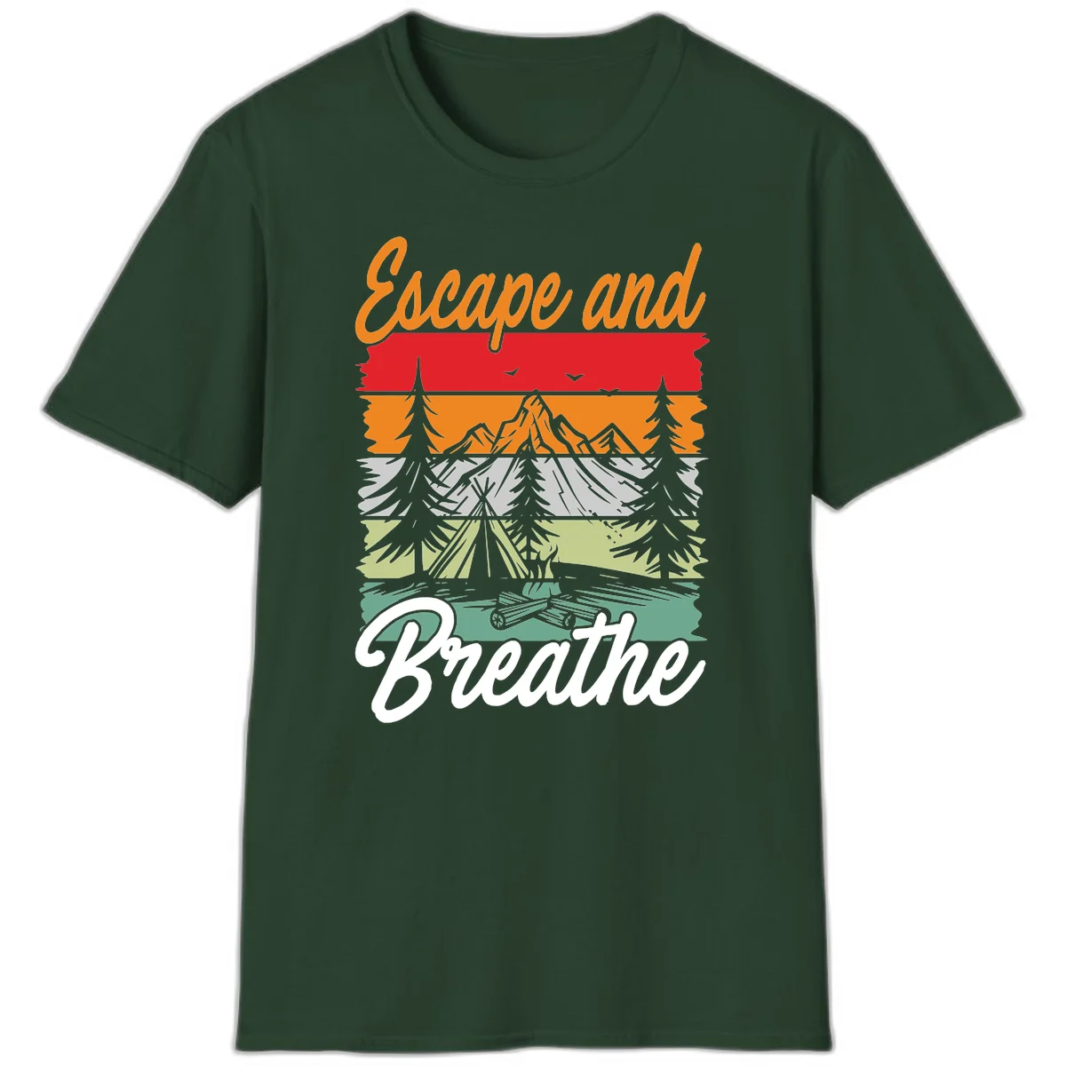 Escape and breathe camping design with layered wilderness landscape featuring mountains, forests, and timber silhouettes in horizontal color bands. in Forest Green