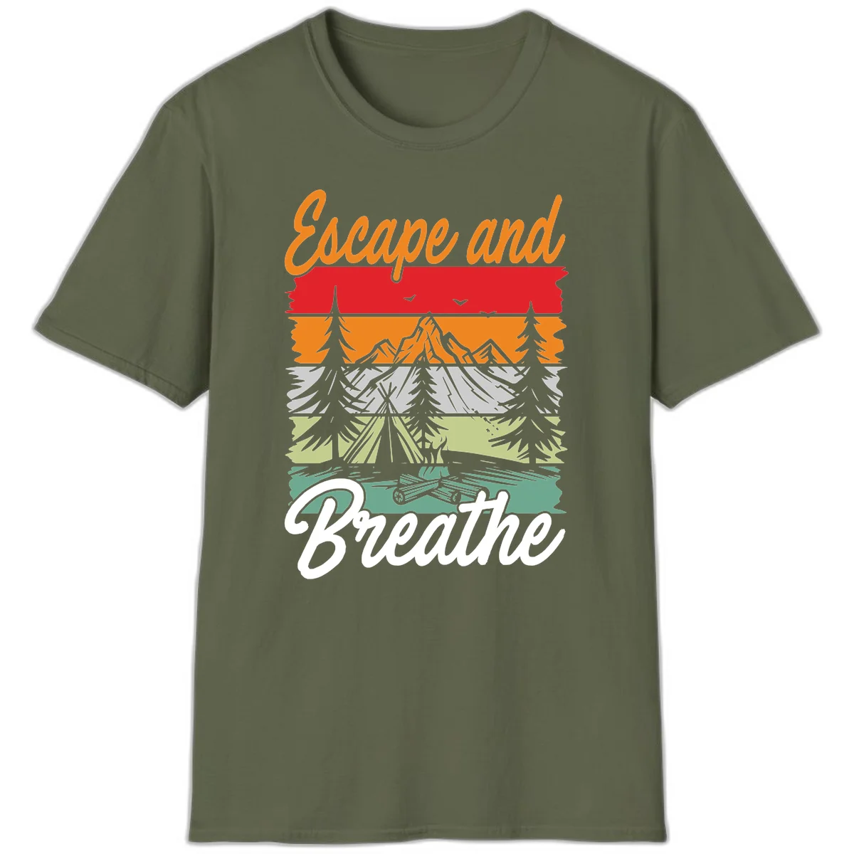 Escape and breathe camping design with layered wilderness landscape featuring mountains, forests, and timber silhouettes in horizontal color bands. in Military Green