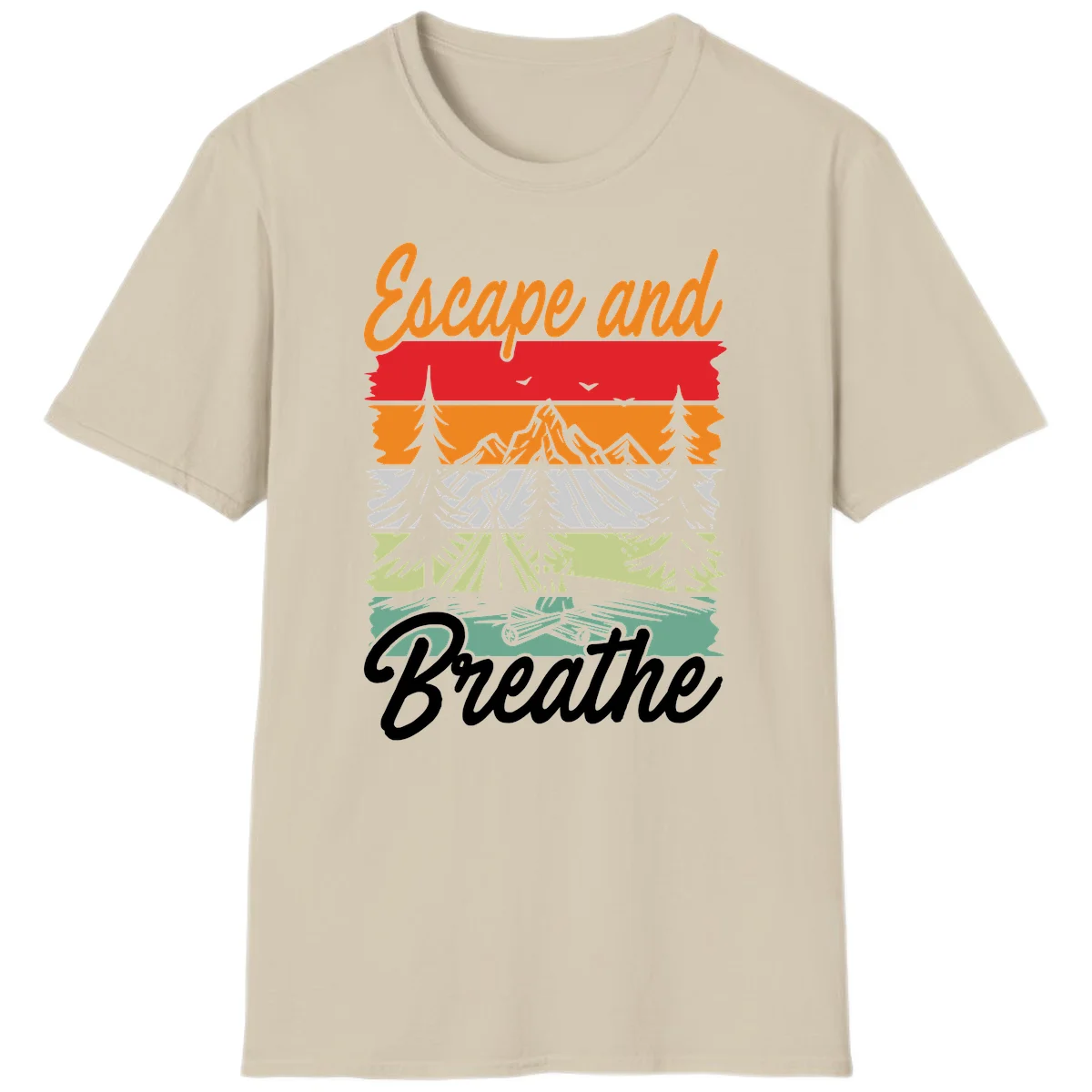 Escape and breathe camping design with layered wilderness landscape featuring mountains, forests, and timber silhouettes in horizontal color bands. in Sand