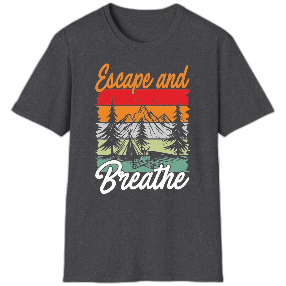 Escape and breathe camping design with layered wilderness landscape featuring mountains, forests, and timber silhouettes in horizontal color bands. in Dark Heather