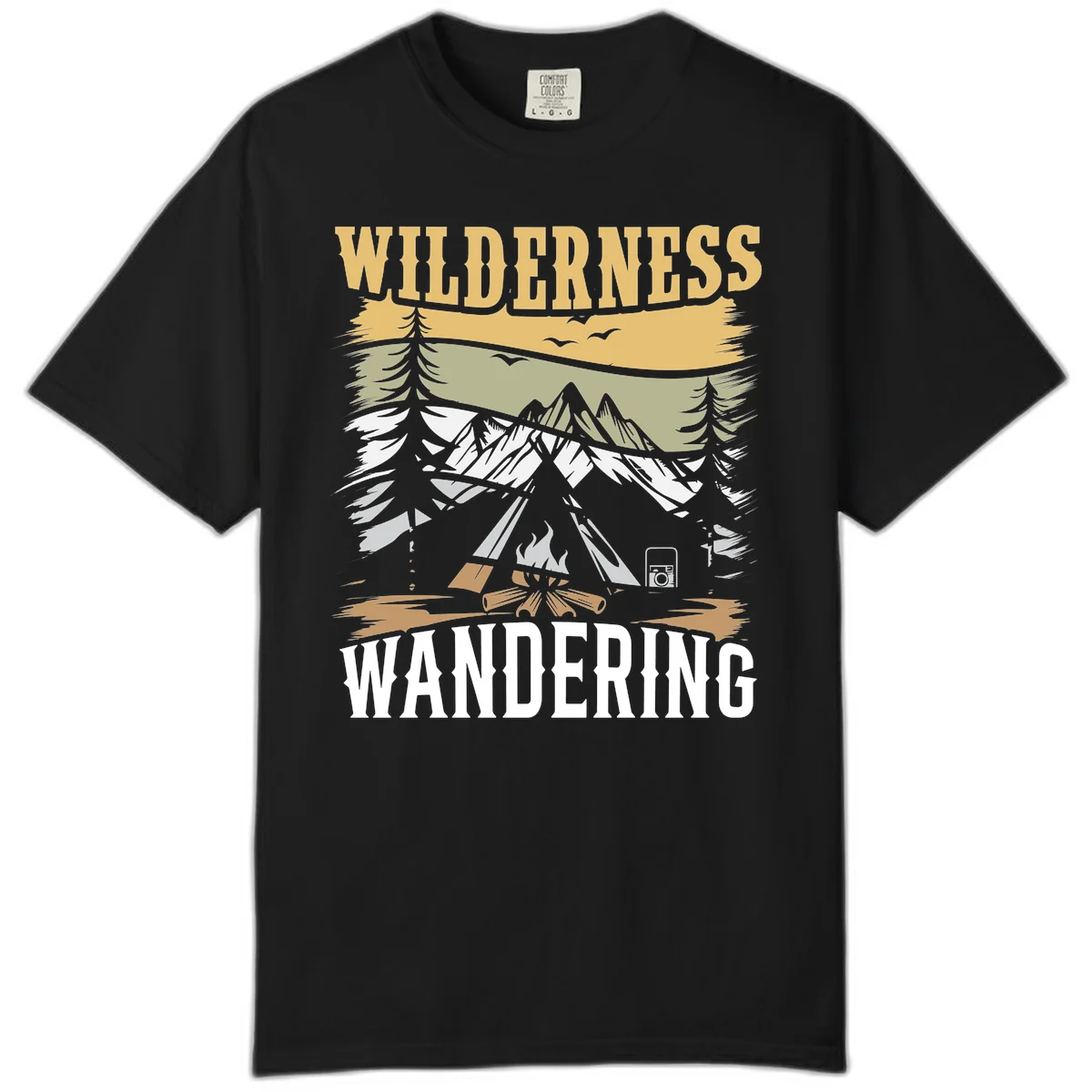 Vintage wilderness wandering design featuring snow mountains, tent, campfire, and evergreen trees with layered landscape bands in Black