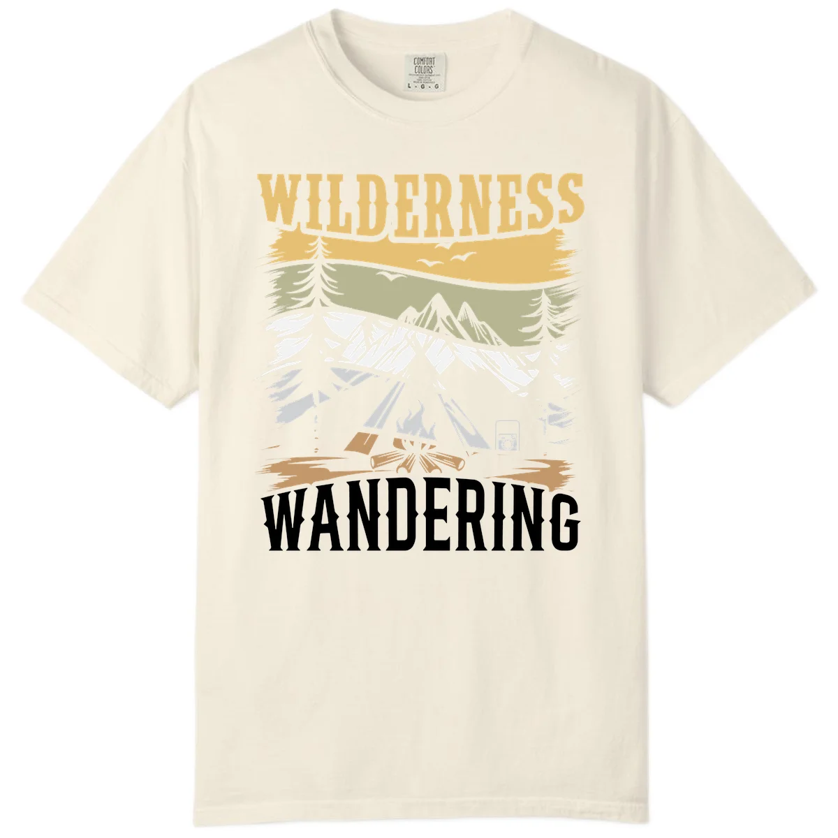 Vintage wilderness wandering design featuring snow mountains, tent, campfire, and evergreen trees with layered landscape bands in Ivory
