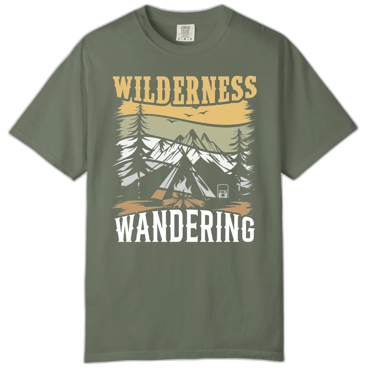 Vintage wilderness wandering design featuring snow mountains, tent, campfire, and evergreen trees with layered landscape bands in Moss