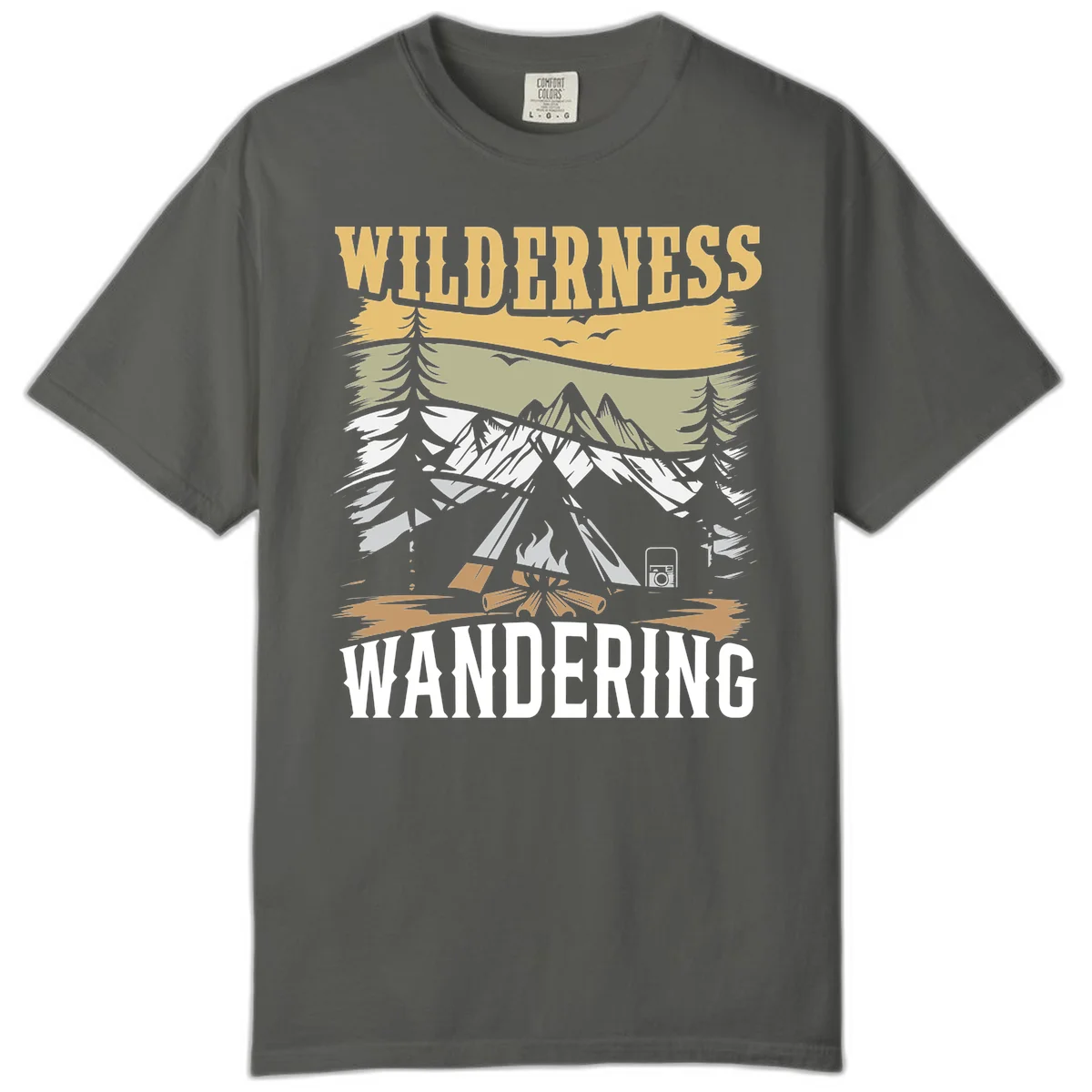 Vintage wilderness wandering design featuring snow mountains, tent, campfire, and evergreen trees with layered landscape bands in Pepper