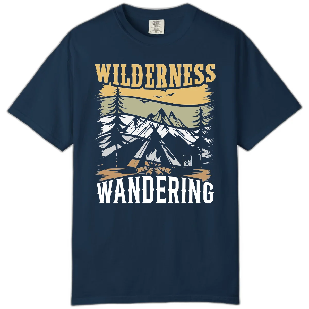 Vintage wilderness wandering design featuring snow mountains, tent, campfire, and evergreen trees with layered landscape bands in True Navy