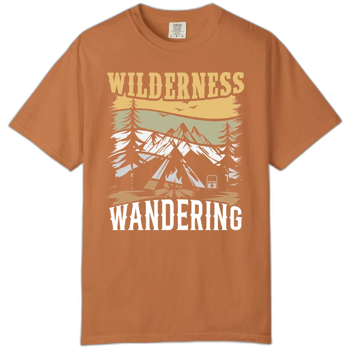 Vintage wilderness wandering design featuring snow mountains, tent, campfire, and evergreen trees with layered landscape bands in Yam
