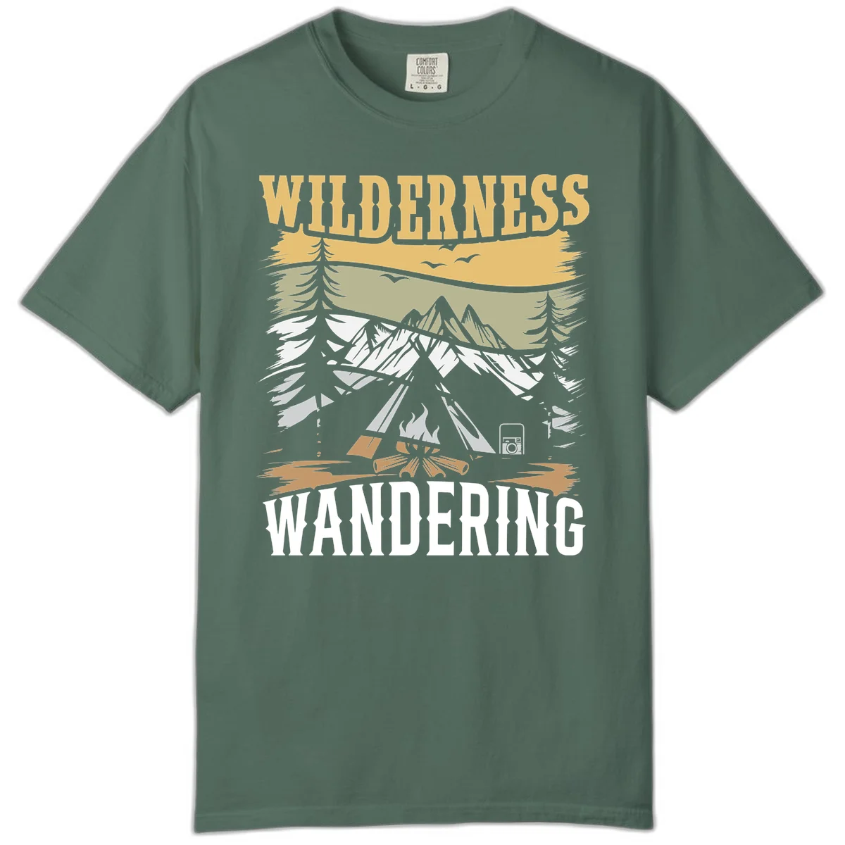 Vintage wilderness wandering design featuring snow mountains, tent, campfire, and evergreen trees with layered landscape bands in Blue Spruce