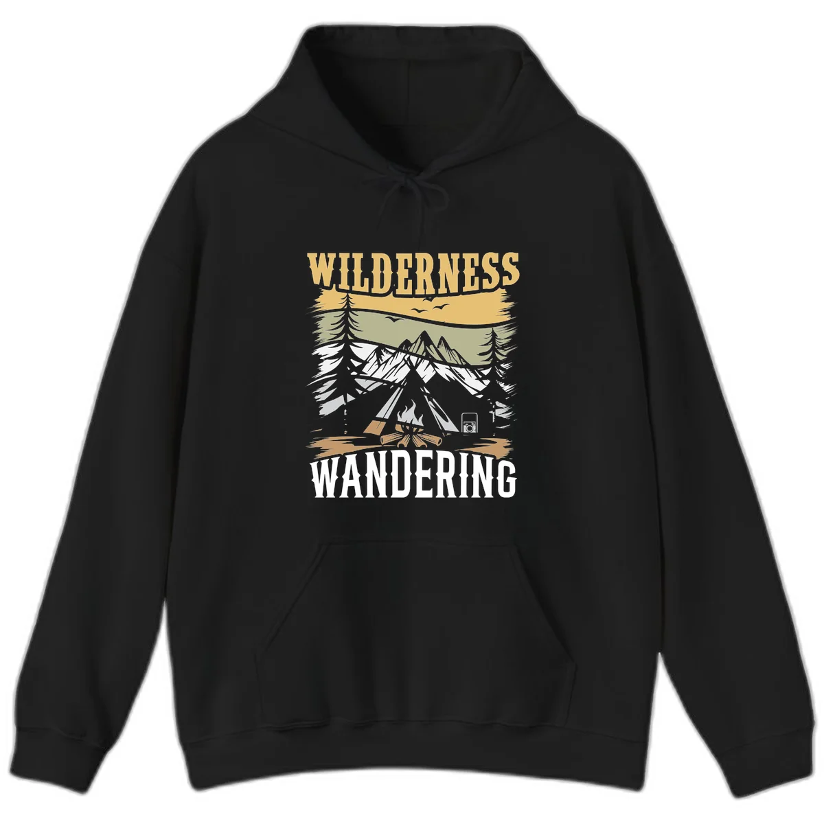 Vintage wilderness wandering design featuring snow mountains, tent, campfire, and evergreen trees with layered landscape bands in Black
