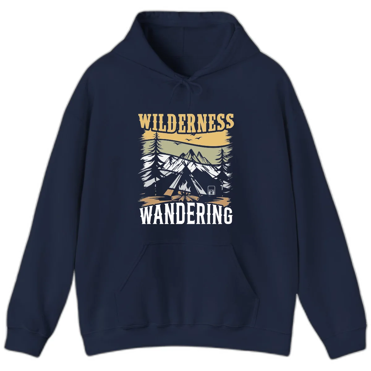 Vintage wilderness wandering design featuring snow mountains, tent, campfire, and evergreen trees with layered landscape bands in Navy