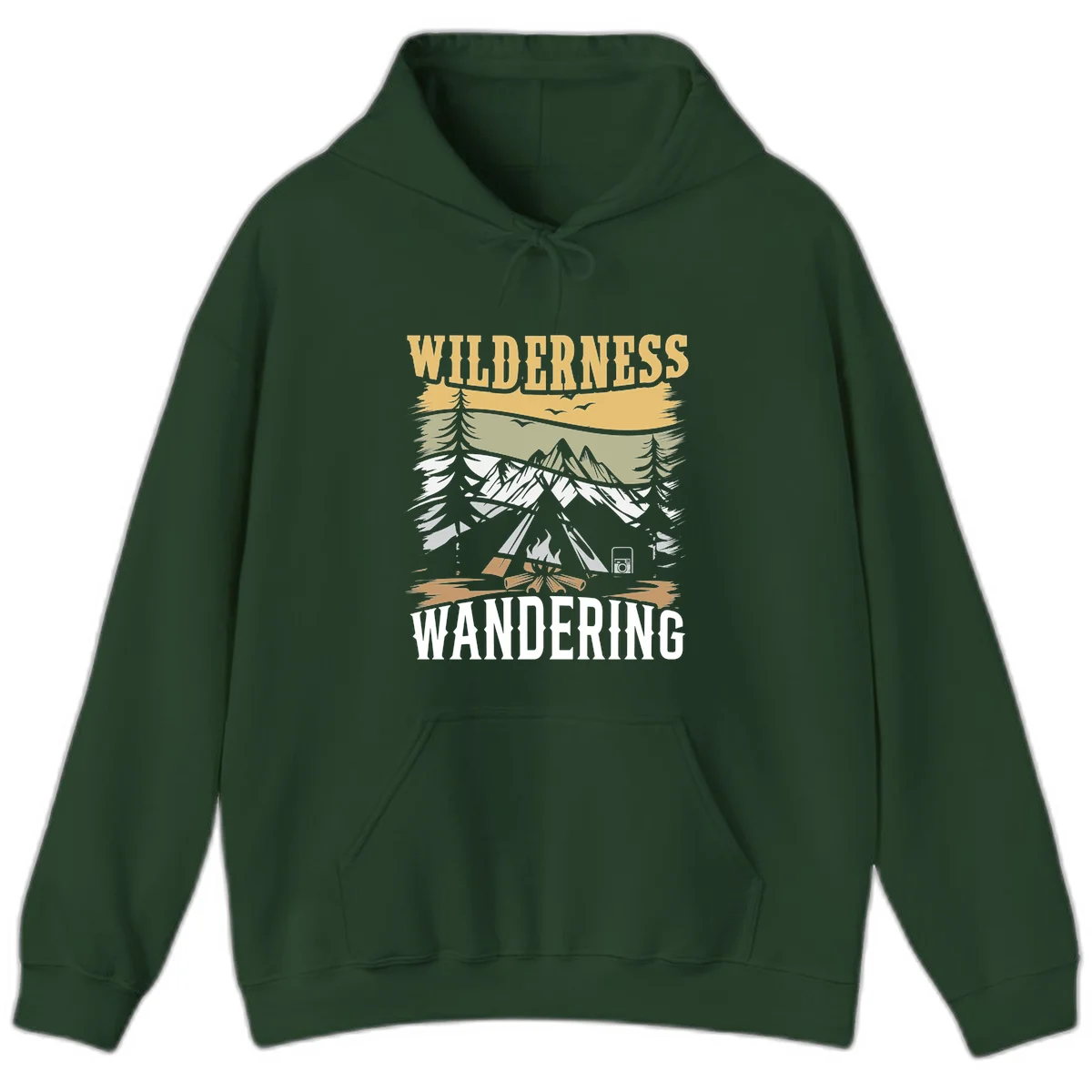 Vintage wilderness wandering design featuring snow mountains, tent, campfire, and evergreen trees with layered landscape bands in Forest Green