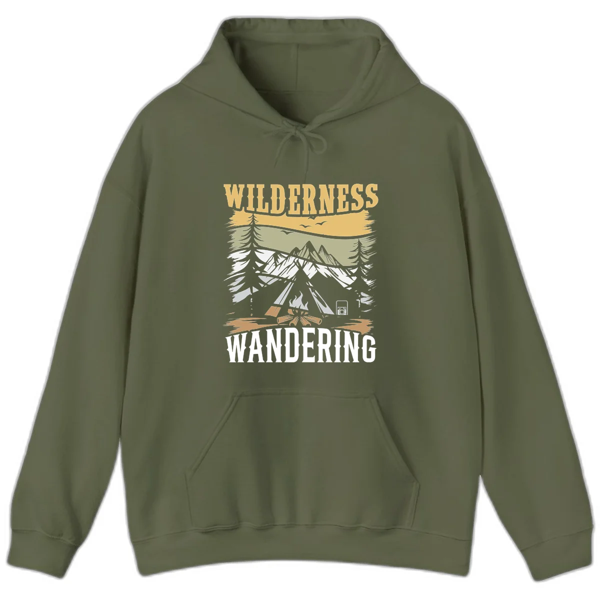 Vintage wilderness wandering design featuring snow mountains, tent, campfire, and evergreen trees with layered landscape bands in Military Green