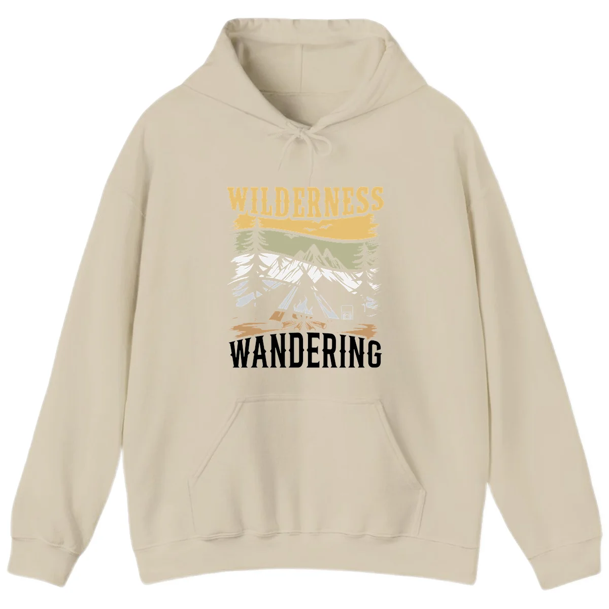 Vintage wilderness wandering design featuring snow mountains, tent, campfire, and evergreen trees with layered landscape bands in Sand