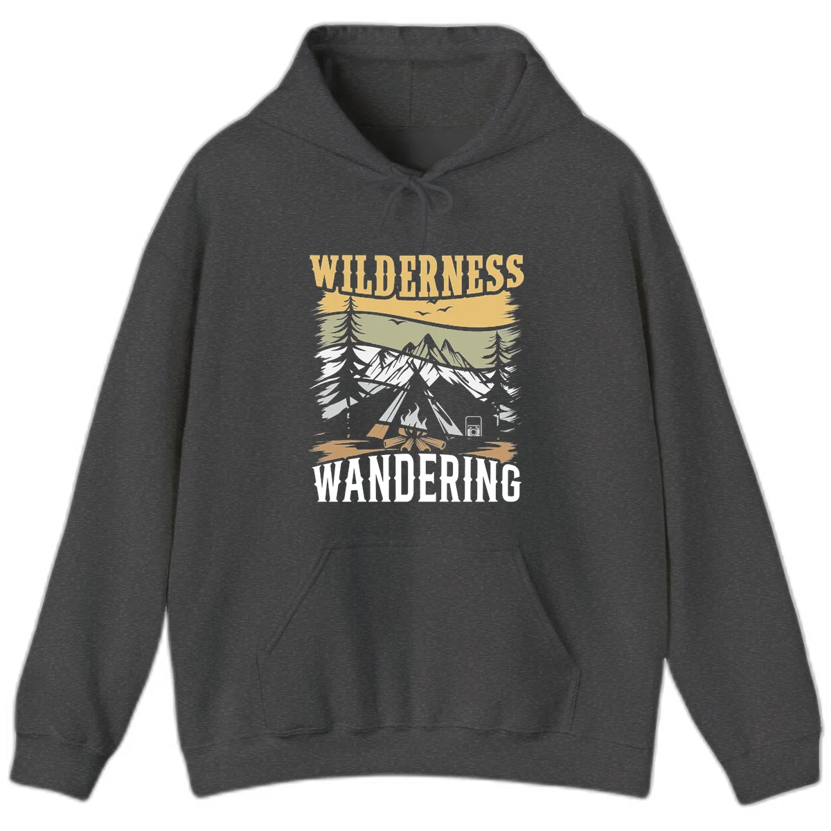 Vintage wilderness wandering design featuring snow mountains, tent, campfire, and evergreen trees with layered landscape bands in Dark Heather