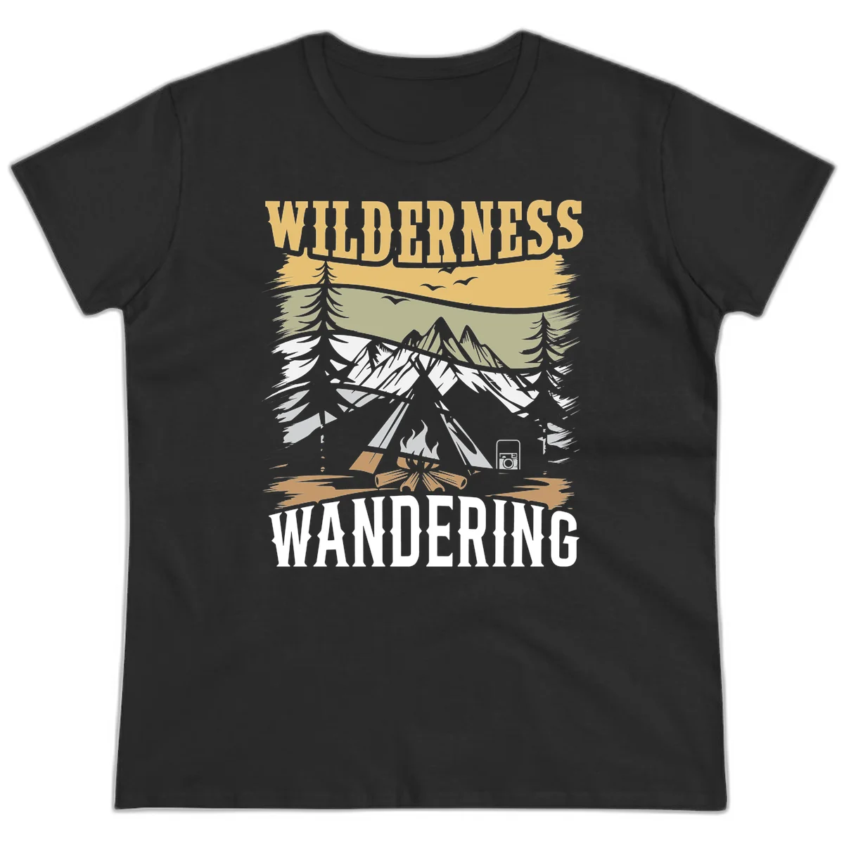 Vintage wilderness wandering design featuring snow mountains, tent, campfire, and evergreen trees with layered landscape bands in Black