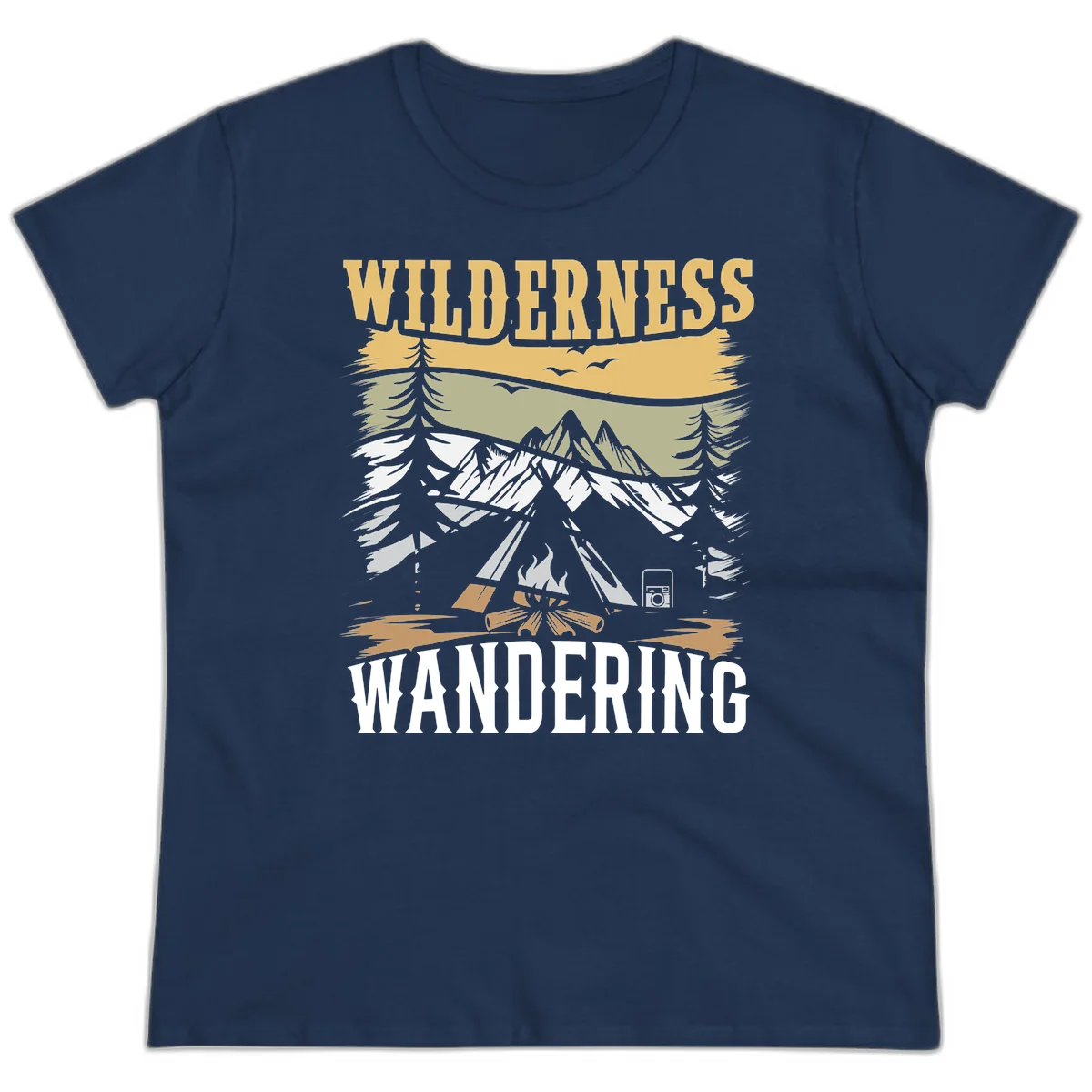 Vintage wilderness wandering design featuring snow mountains, tent, campfire, and evergreen trees with layered landscape bands in Navy