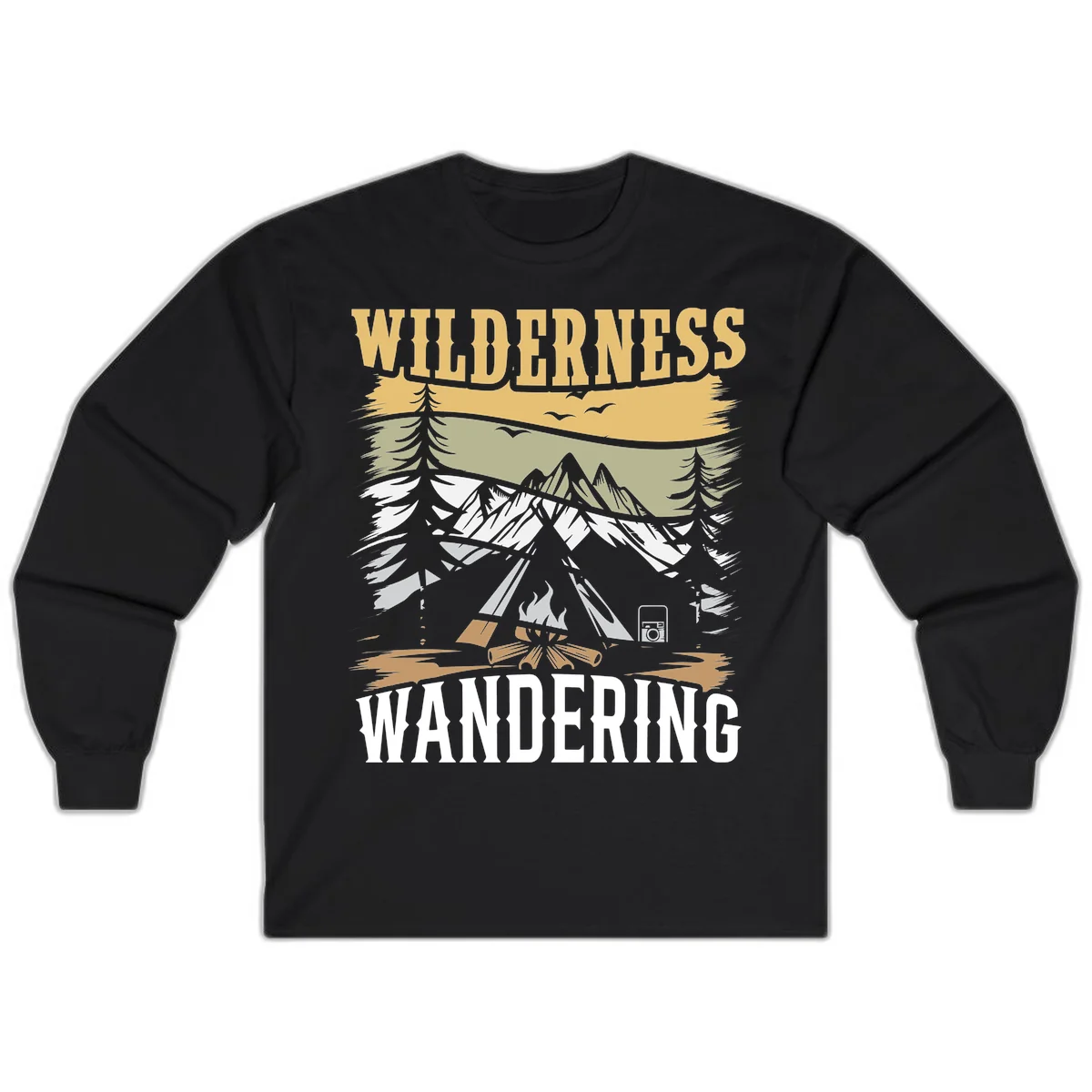 Vintage wilderness wandering design featuring snow mountains, tent, campfire, and evergreen trees with layered landscape bands in Black