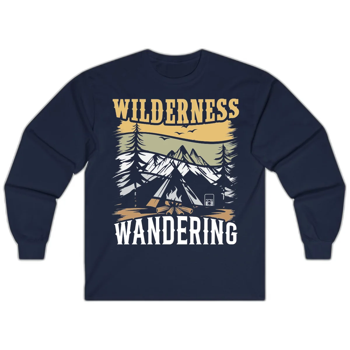 Vintage wilderness wandering design featuring snow mountains, tent, campfire, and evergreen trees with layered landscape bands in Navy
