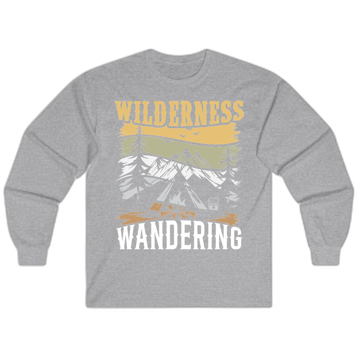 Vintage wilderness wandering design featuring snow mountains, tent, campfire, and evergreen trees with layered landscape bands in Sport Grey