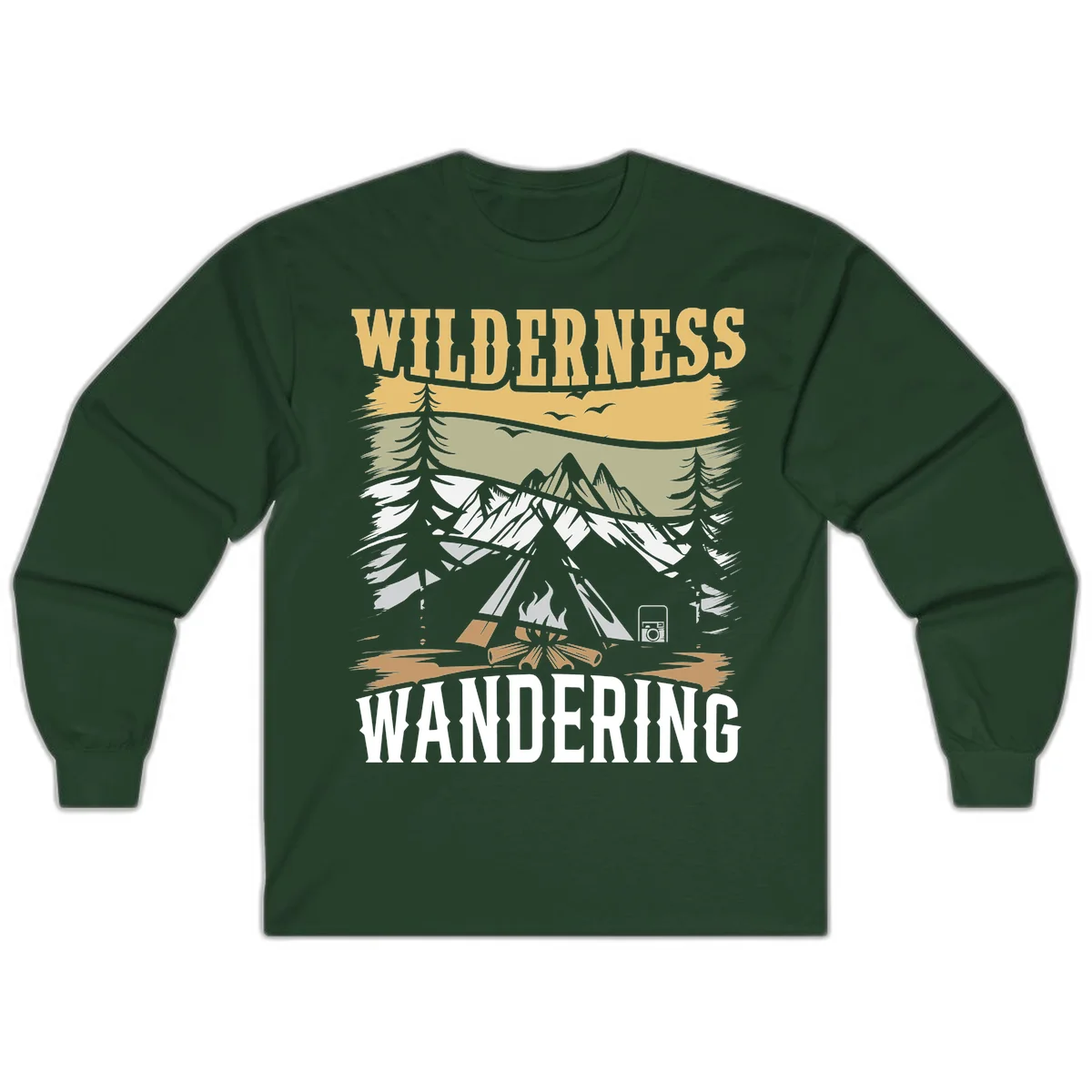 Vintage wilderness wandering design featuring snow mountains, tent, campfire, and evergreen trees with layered landscape bands in Forest Green