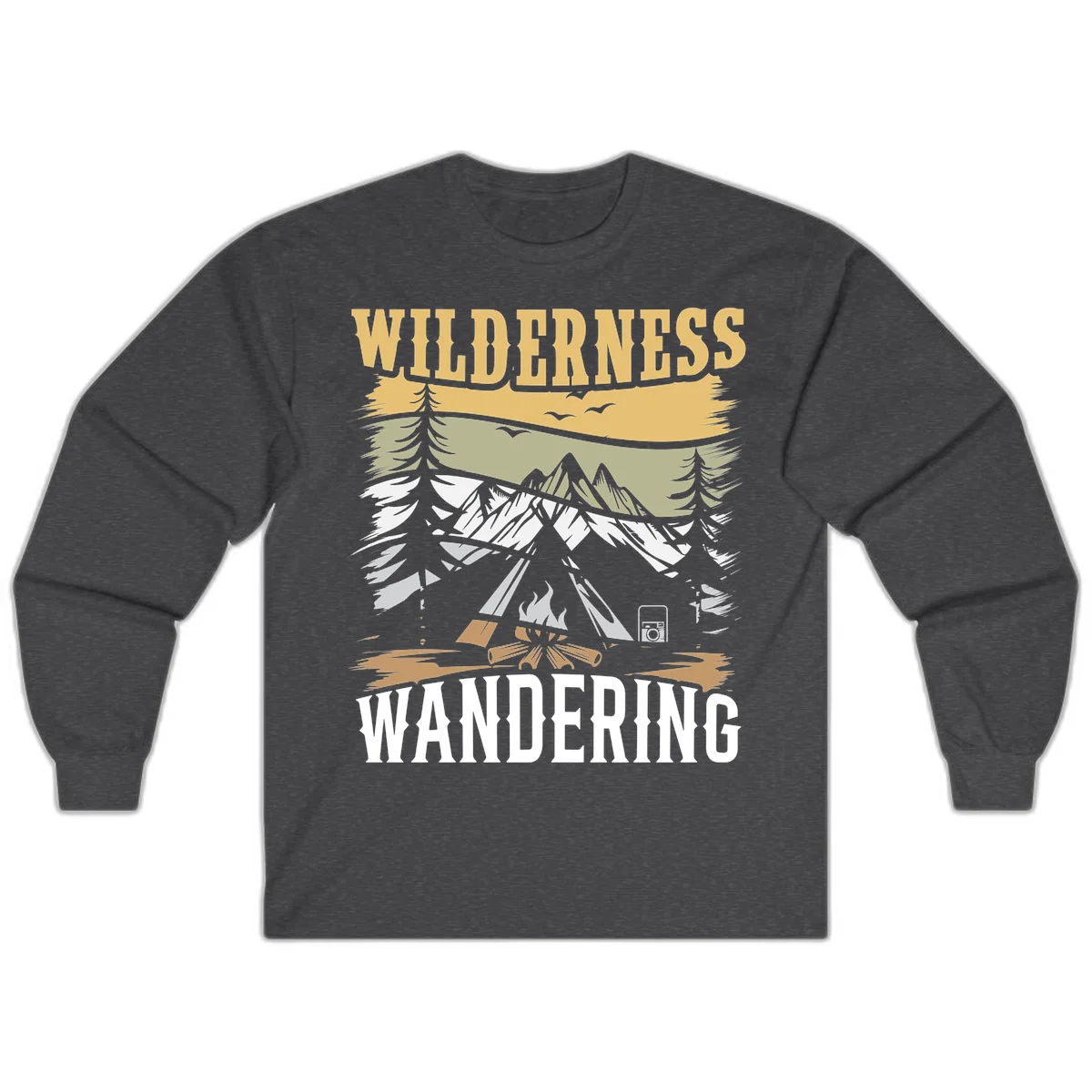 Vintage wilderness wandering design featuring snow mountains, tent, campfire, and evergreen trees with layered landscape bands in Dark Heather
