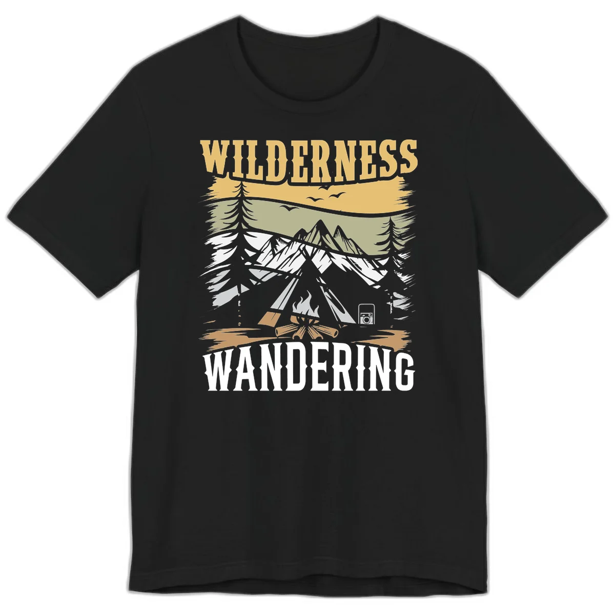 Vintage wilderness wandering design featuring snow mountains, tent, campfire, and evergreen trees with layered landscape bands in Black
