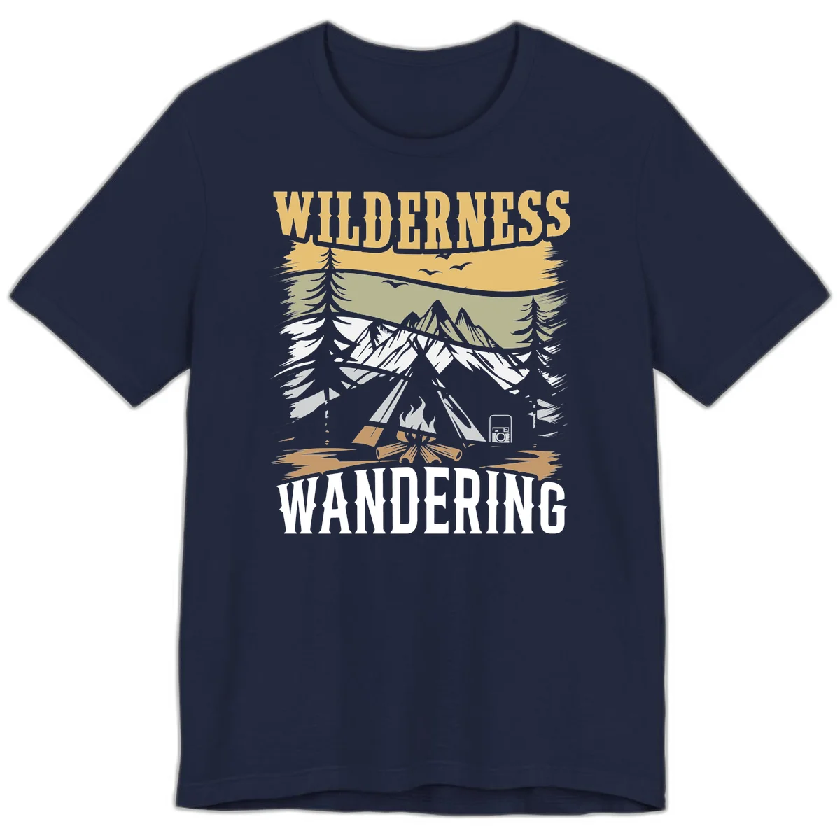 Vintage wilderness wandering design featuring snow mountains, tent, campfire, and evergreen trees with layered landscape bands in Navy