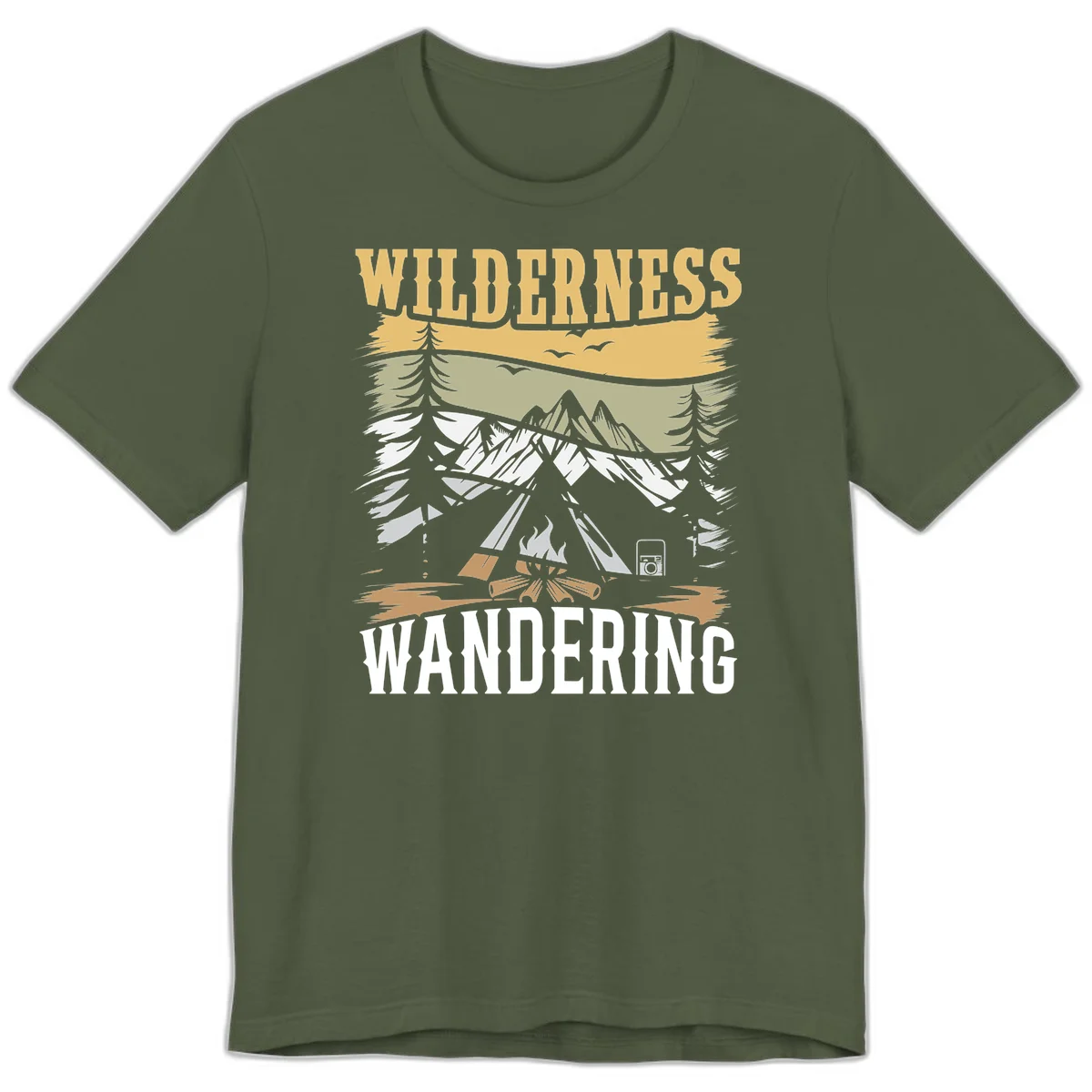 Vintage wilderness wandering design featuring snow mountains, tent, campfire, and evergreen trees with layered landscape bands in Military Green