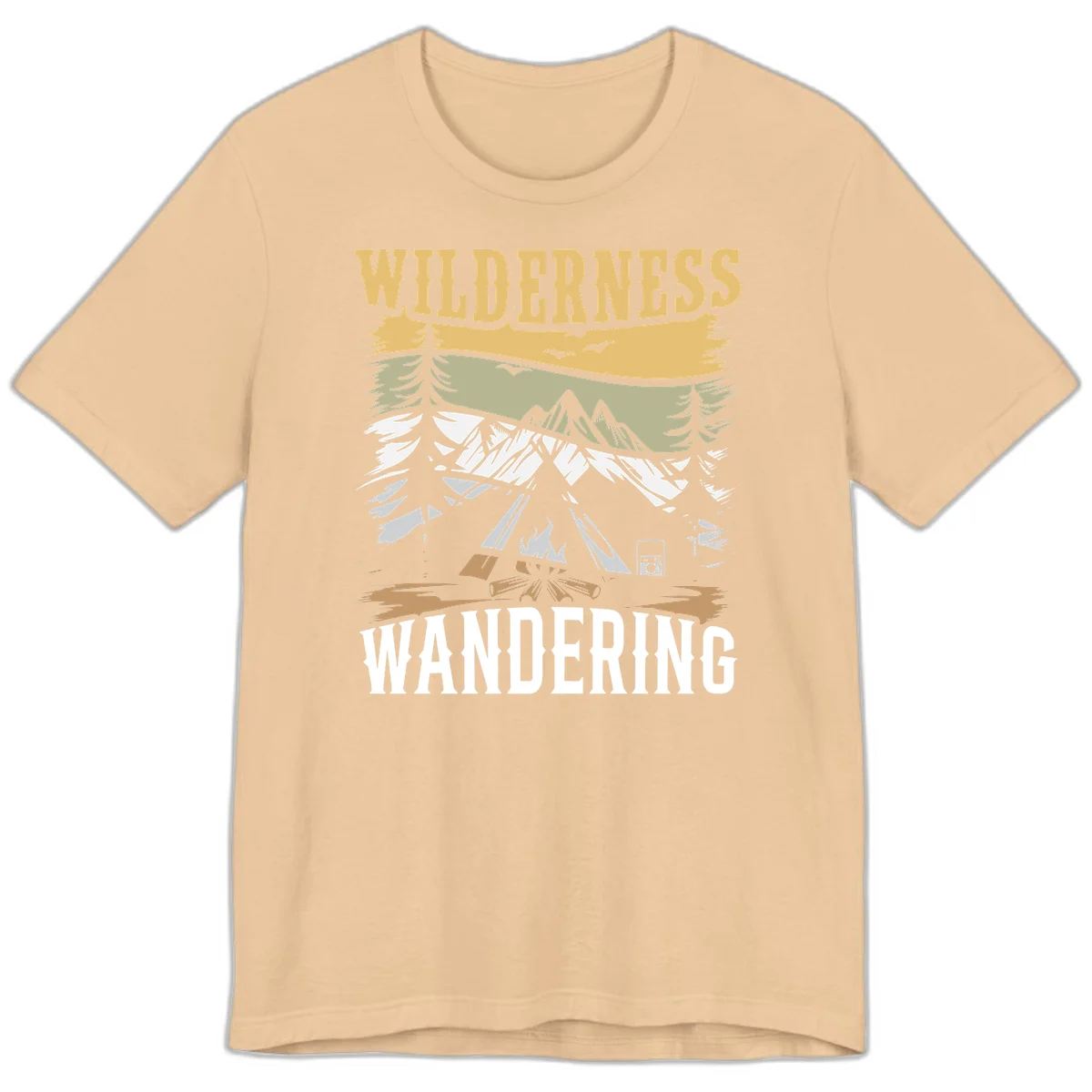 Vintage wilderness wandering design featuring snow mountains, tent, campfire, and evergreen trees with layered landscape bands in Sand Dune
