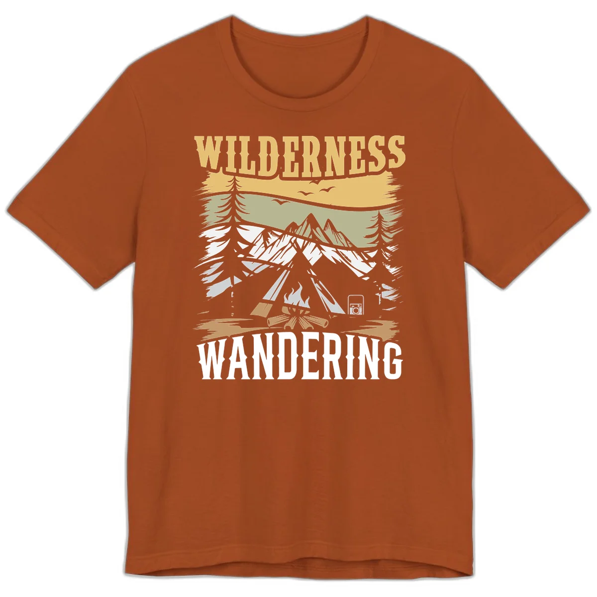Vintage wilderness wandering design featuring snow mountains, tent, campfire, and evergreen trees with layered landscape bands in Autumn
