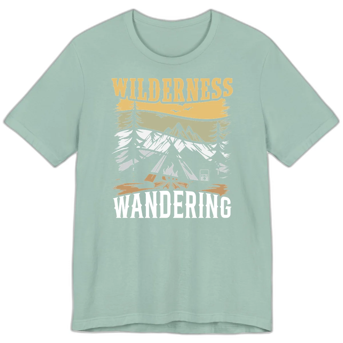 Vintage wilderness wandering design featuring snow mountains, tent, campfire, and evergreen trees with layered landscape bands in Dusty Blue