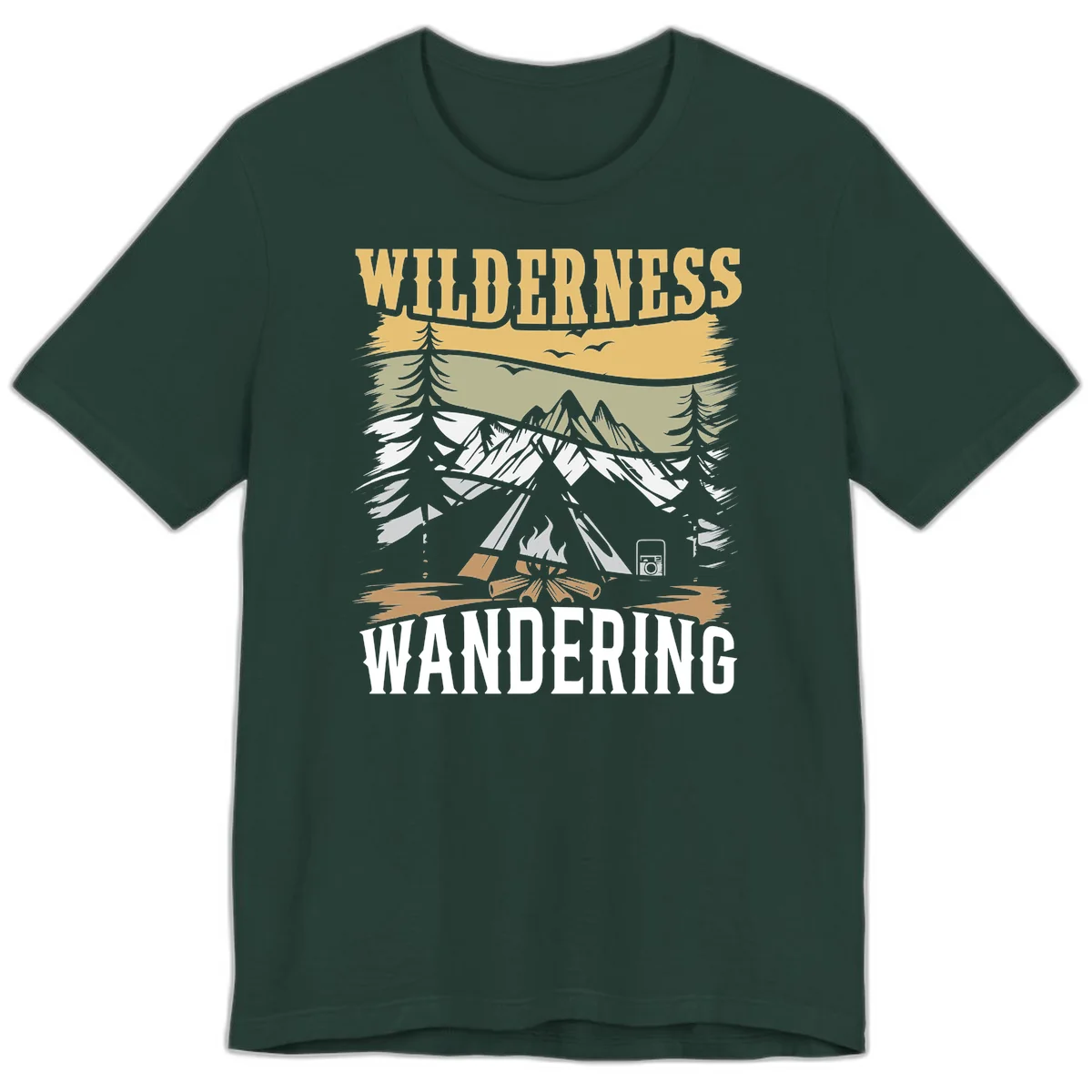 Vintage wilderness wandering design featuring snow mountains, tent, campfire, and evergreen trees with layered landscape bands in Forest