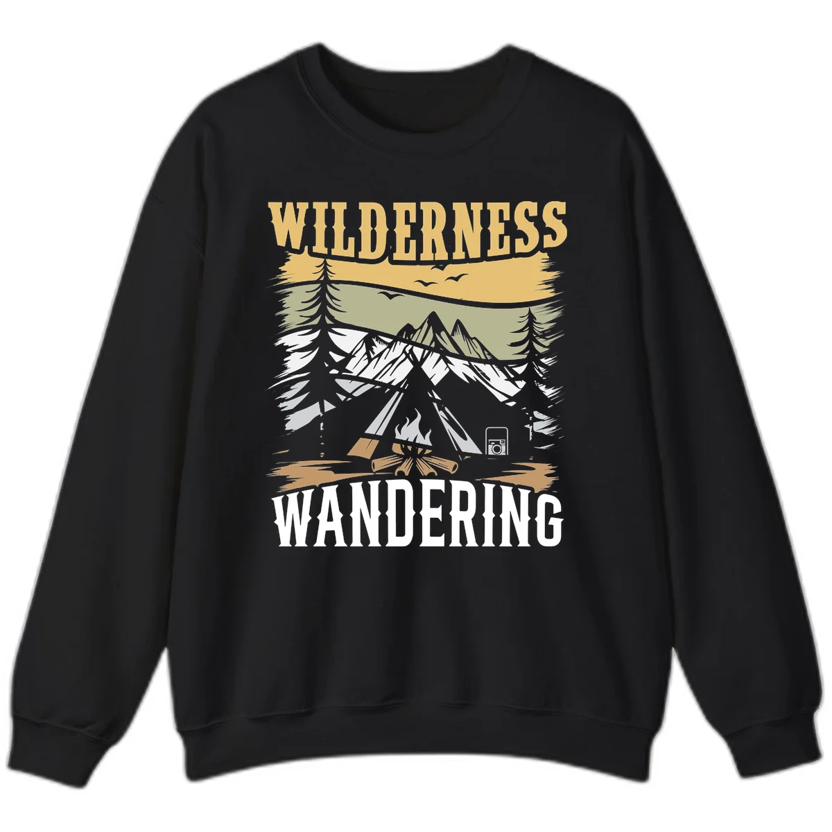 Vintage wilderness wandering design featuring snow mountains, tent, campfire, and evergreen trees with layered landscape bands in Black