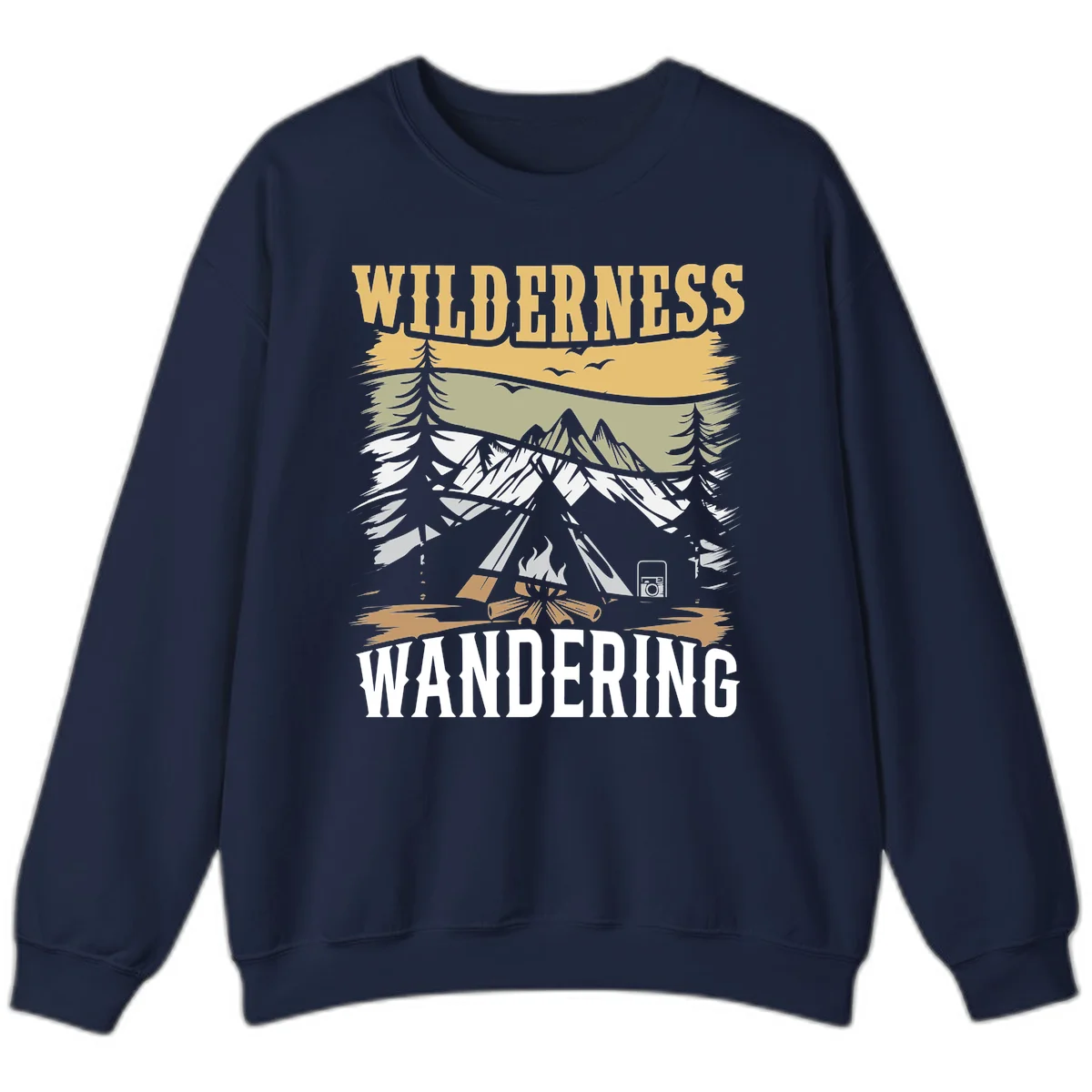 Vintage wilderness wandering design featuring snow mountains, tent, campfire, and evergreen trees with layered landscape bands in Navy