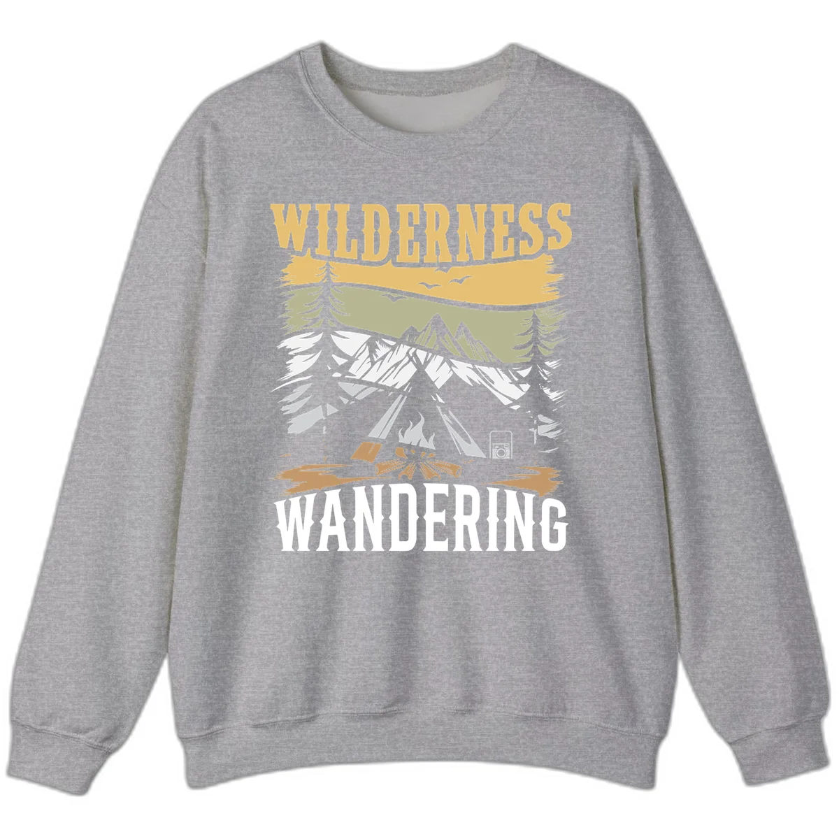 Vintage wilderness wandering design featuring snow mountains, tent, campfire, and evergreen trees with layered landscape bands in Sport Grey