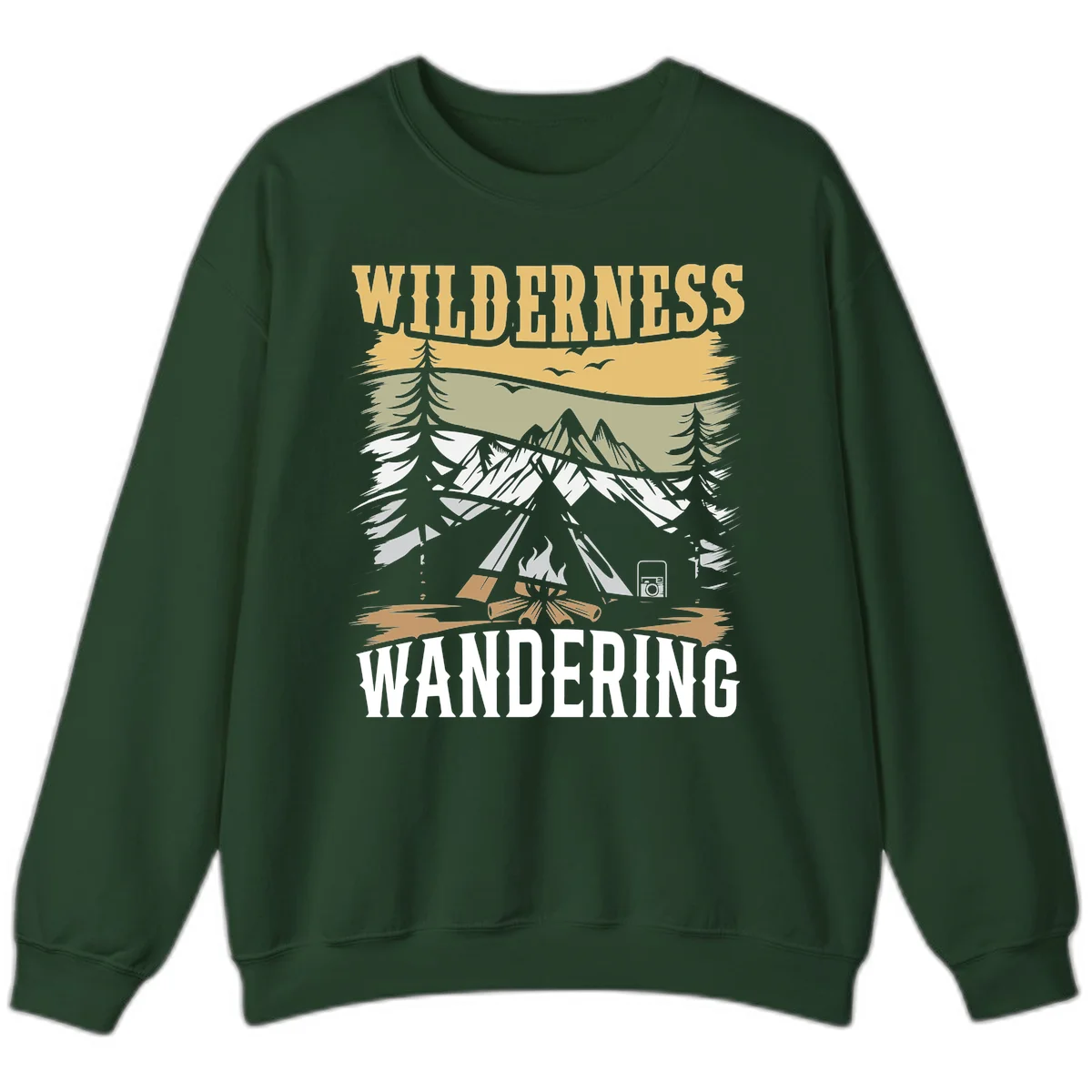 Vintage wilderness wandering design featuring snow mountains, tent, campfire, and evergreen trees with layered landscape bands in Forest Green
