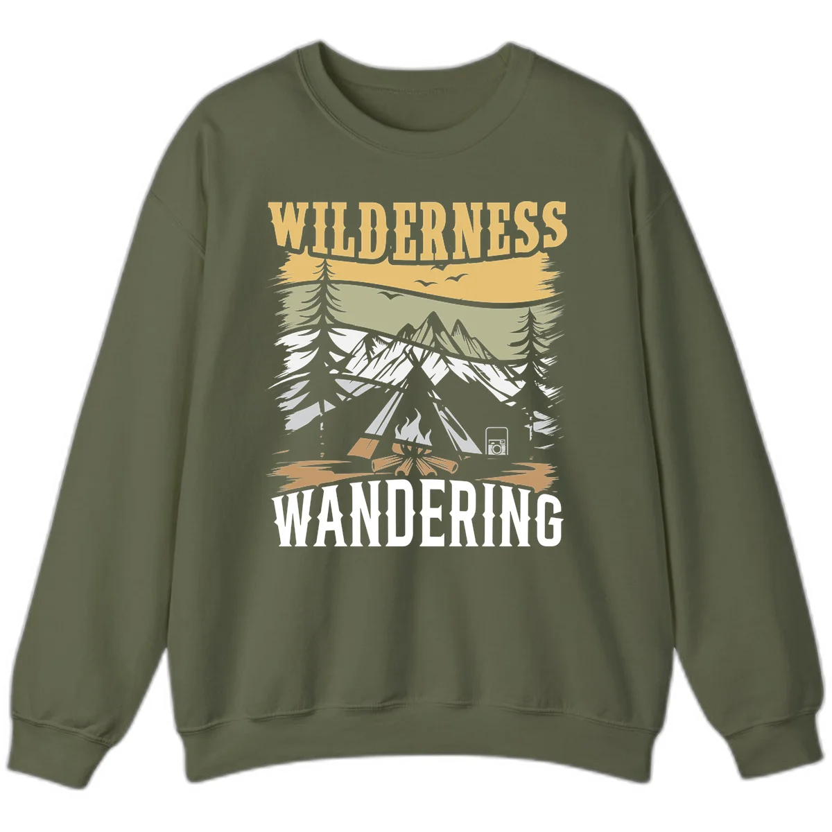 Vintage wilderness wandering design featuring snow mountains, tent, campfire, and evergreen trees with layered landscape bands in Military Green