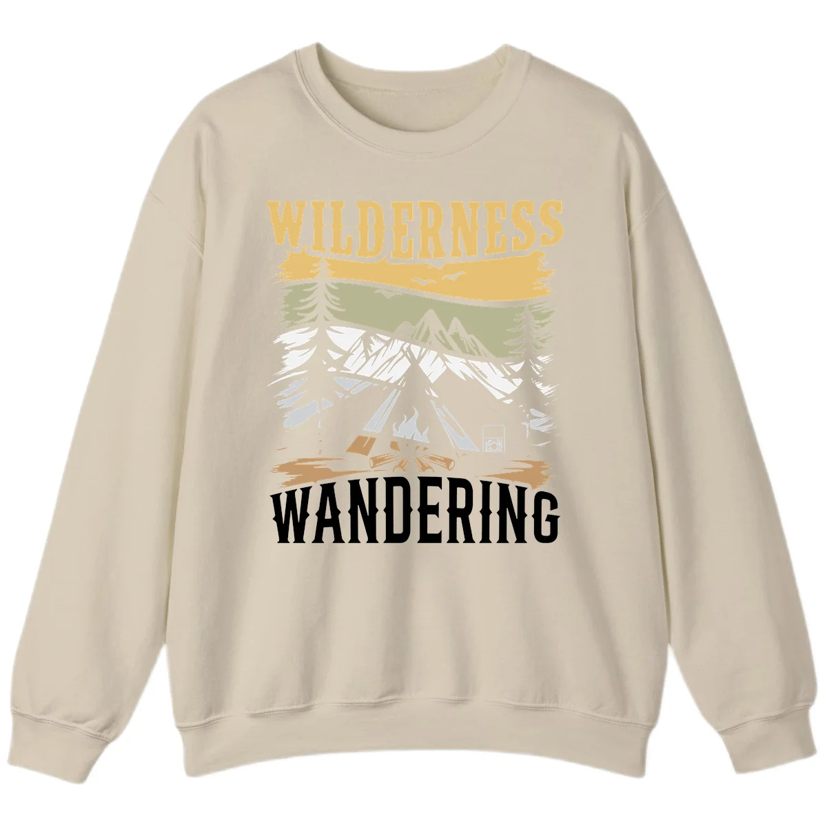 Vintage wilderness wandering design featuring snow mountains, tent, campfire, and evergreen trees with layered landscape bands in Sand