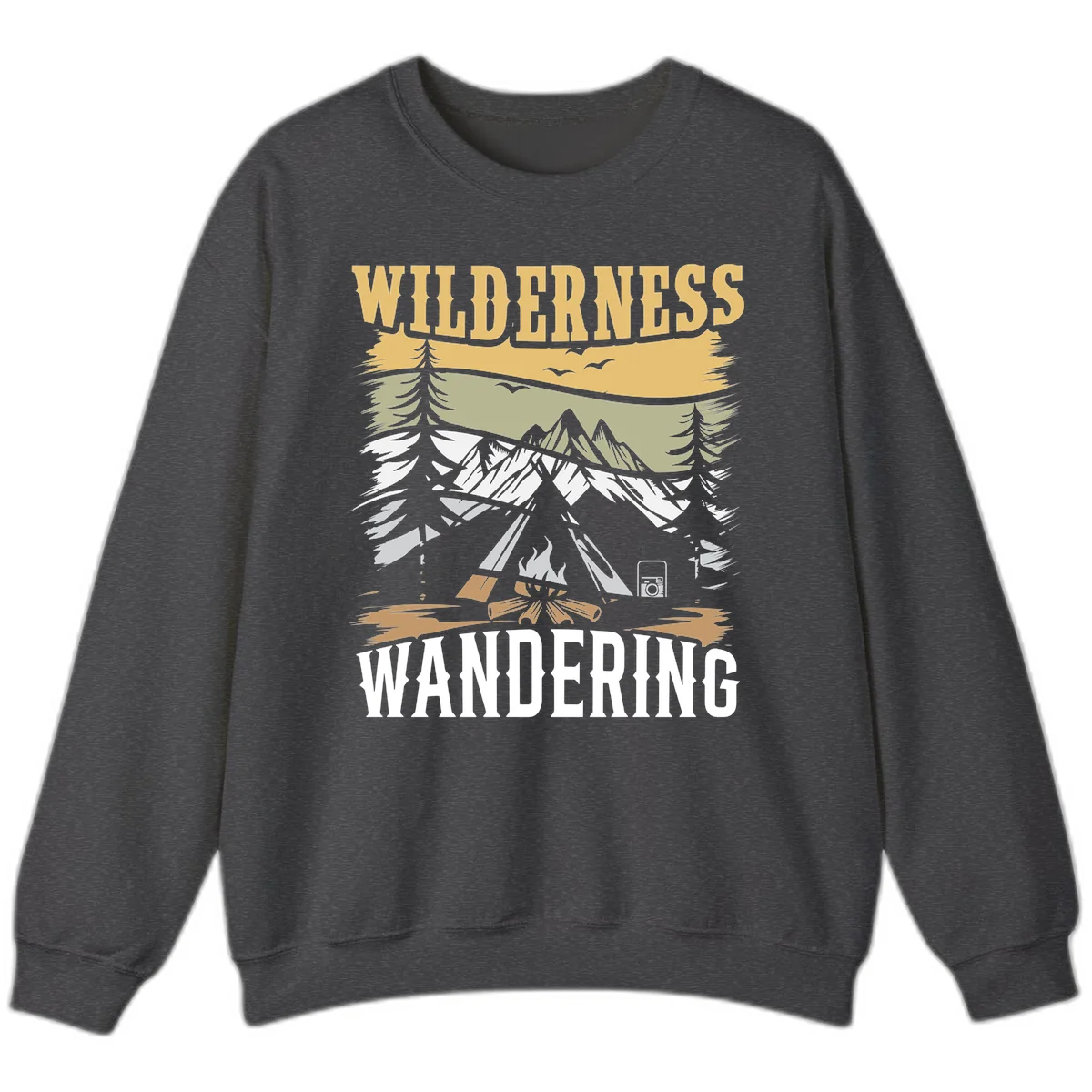 Vintage wilderness wandering design featuring snow mountains, tent, campfire, and evergreen trees with layered landscape bands in Dark Heather