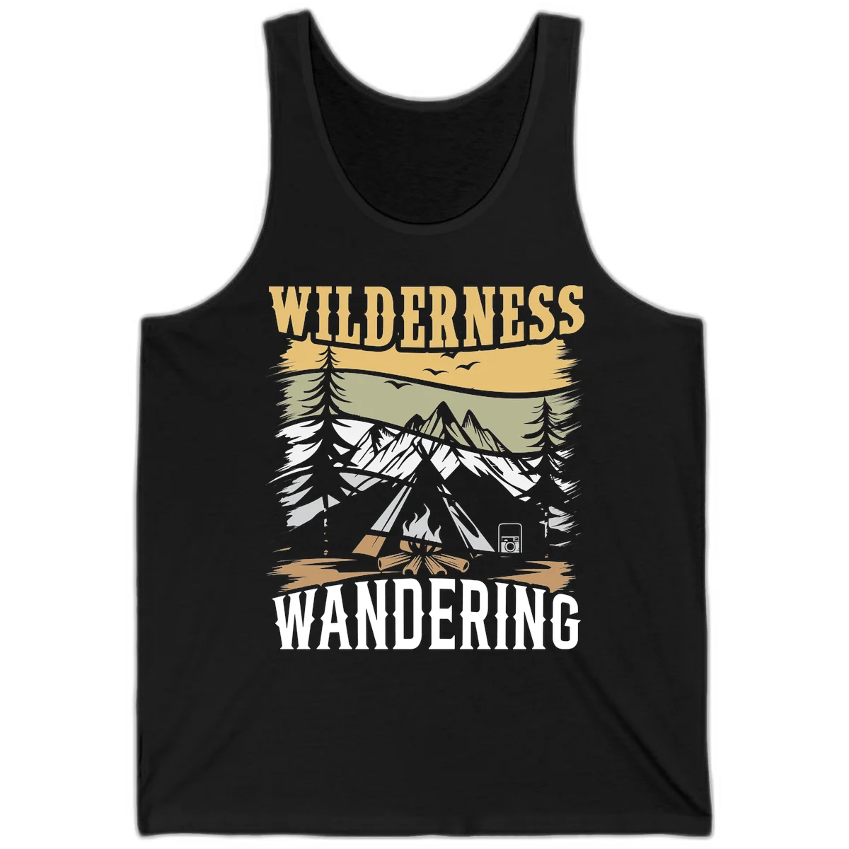 Vintage wilderness wandering design featuring snow mountains, tent, campfire, and evergreen trees with layered landscape bands in Black