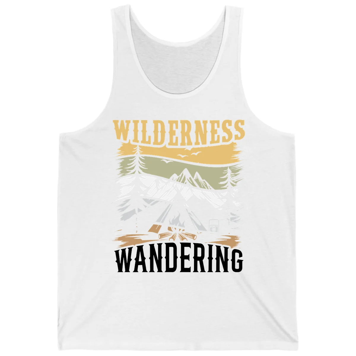 Vintage wilderness wandering design featuring snow mountains, tent, campfire, and evergreen trees with layered landscape bands in White